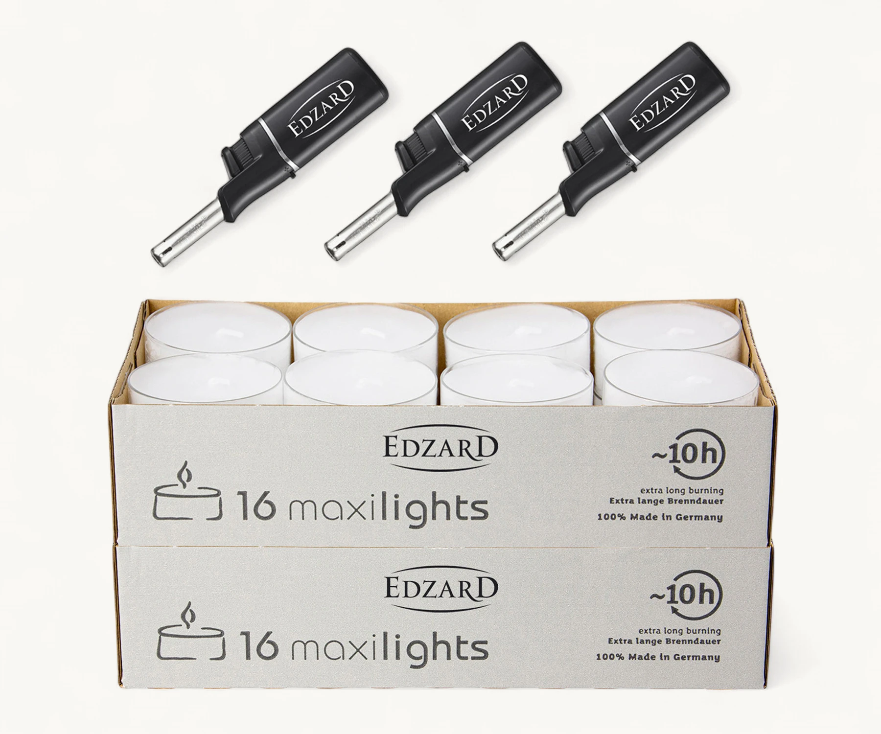 32 Maxi Teelichter ø 58 mm, weiß, ohne Duft, Aluminiumhülle, Brenndauer 10 Stunden - plus 3 Mini-Stabfeuerzeuge Länge 11 cm