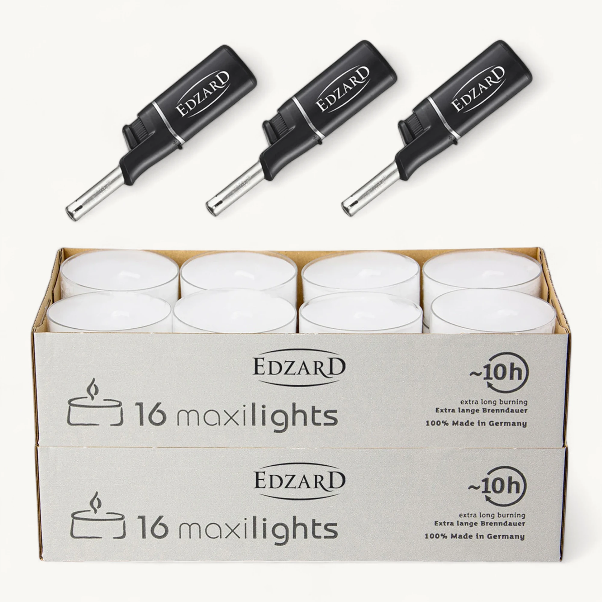 32 Maxi Teelichter ø 58 mm, weiß, ohne Duft, Aluminiumhülle, Brenndauer 10 Stunden - plus 3 Mini-Stabfeuerzeuge Länge 11 cm