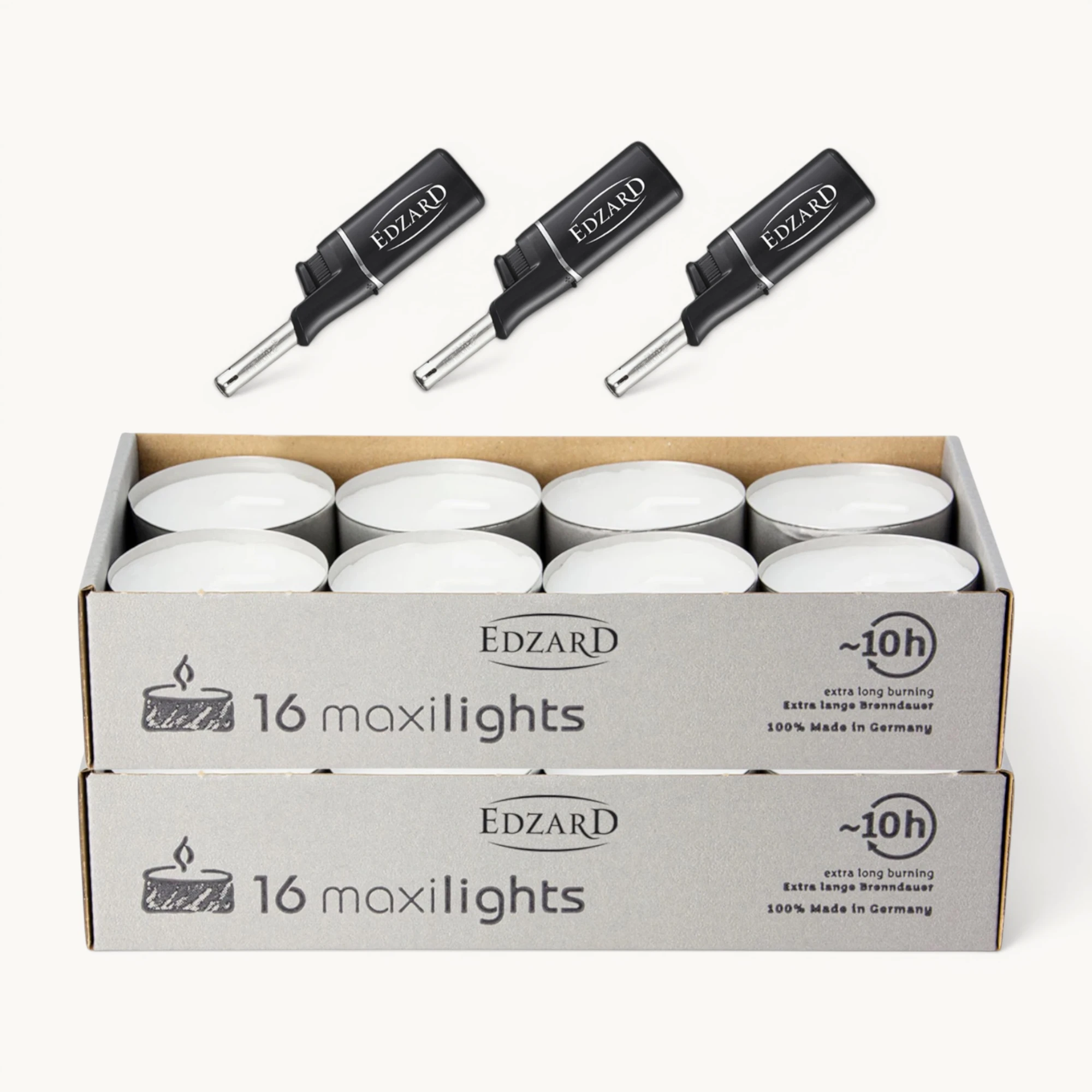 32 Maxi Teelichter ø 58 mm, weiß, ohne Duft, Aluminiumhülle, Brenndauer 10 Stunden - plus 3 Mini-Stabfeuerzeuge Länge 11 cm