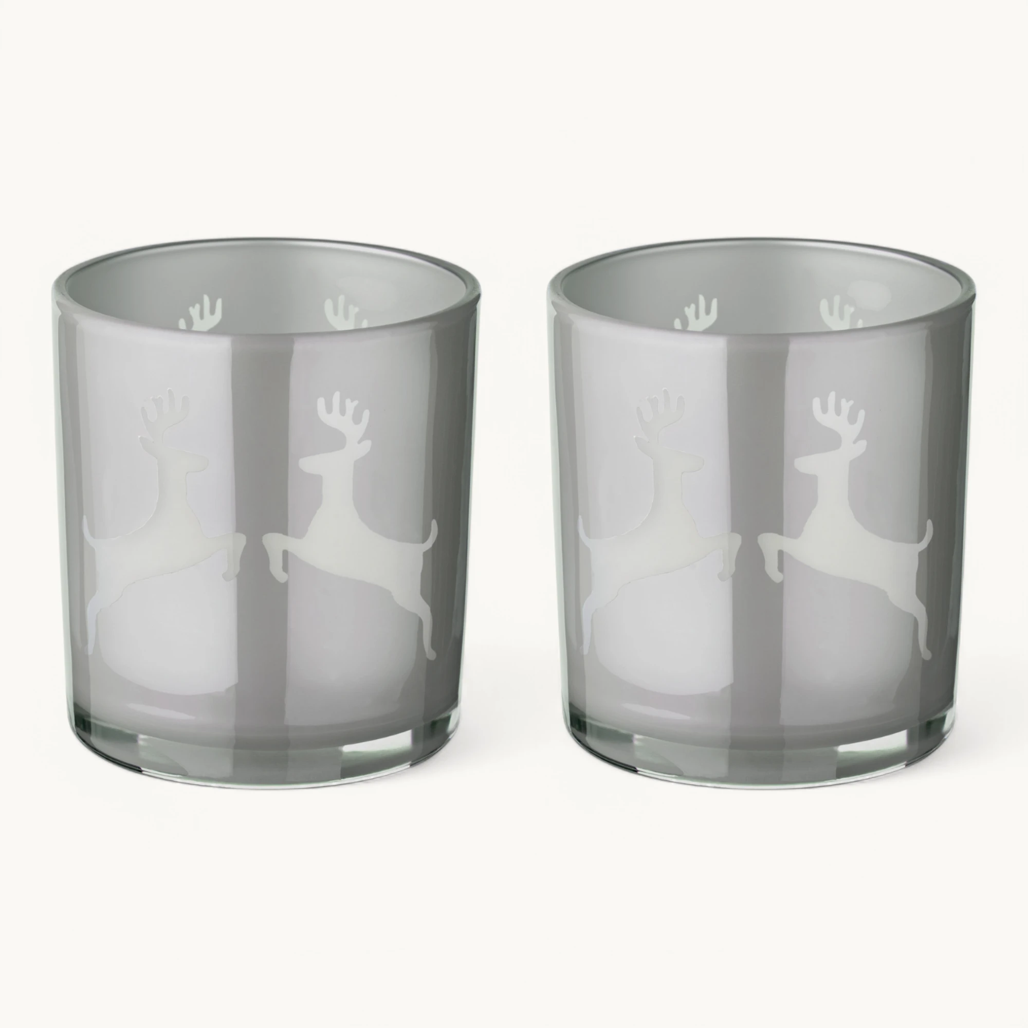 SALE 2er-Set Teelichtglas Loki (Höhe 8 cm), grau, Hirsch-Motiv