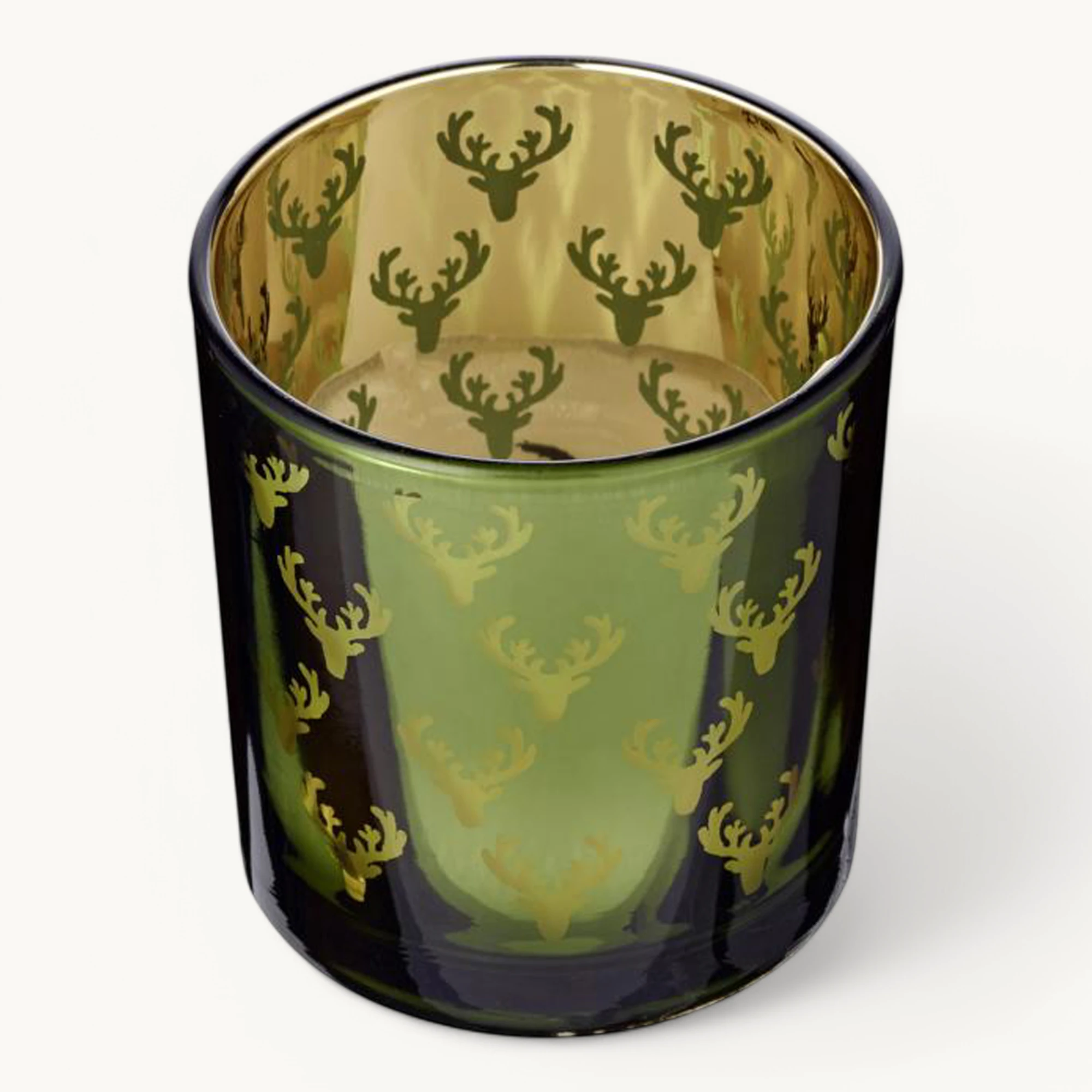 SALE Teelichtglas Dirk (Höhe 8 cm), grün & goldfarben, Hirsch-Motiv