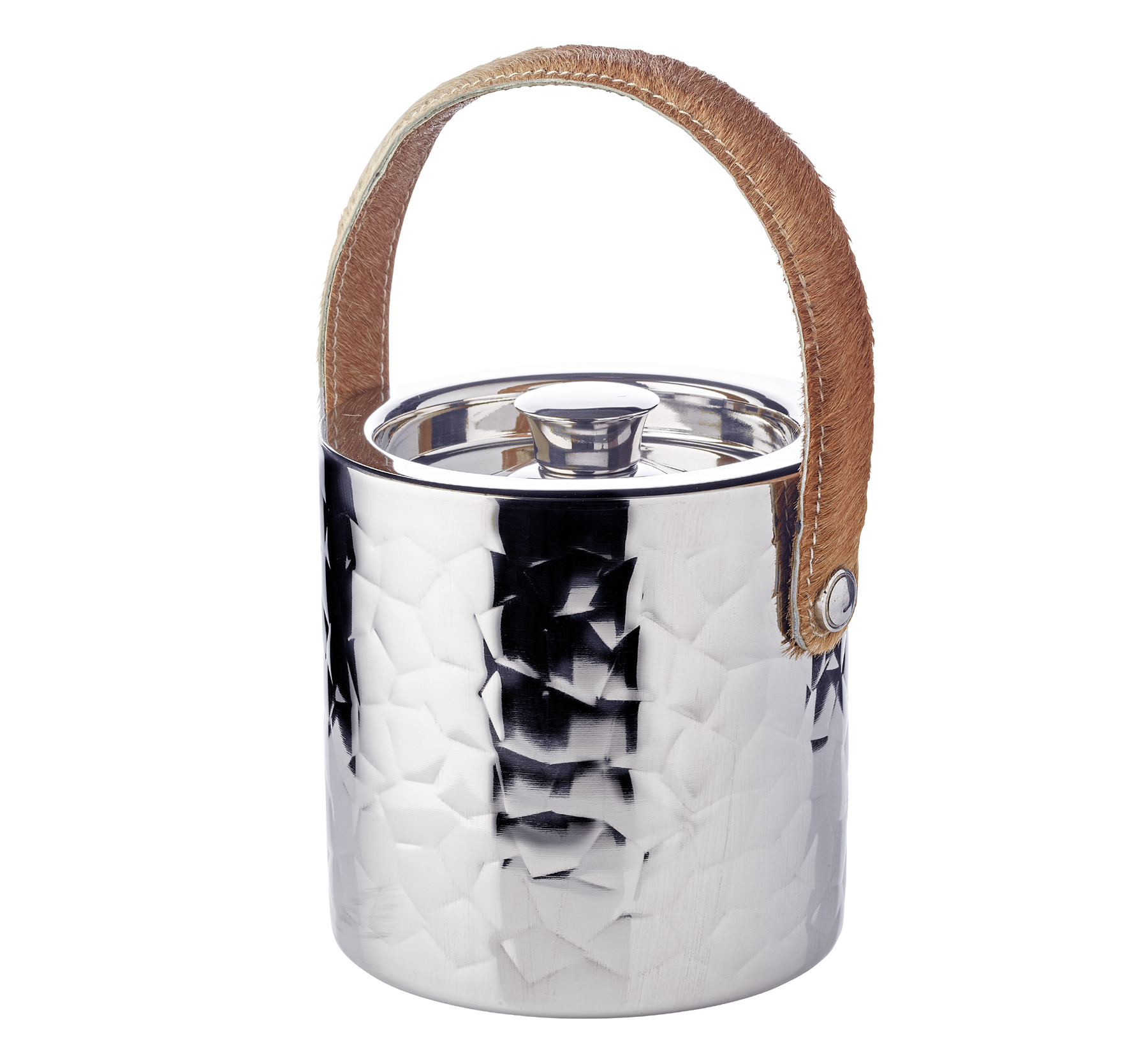 SALE Capri mit Deckel, Edelstahl, außen gemustert, Ledergriff, H 17 cm