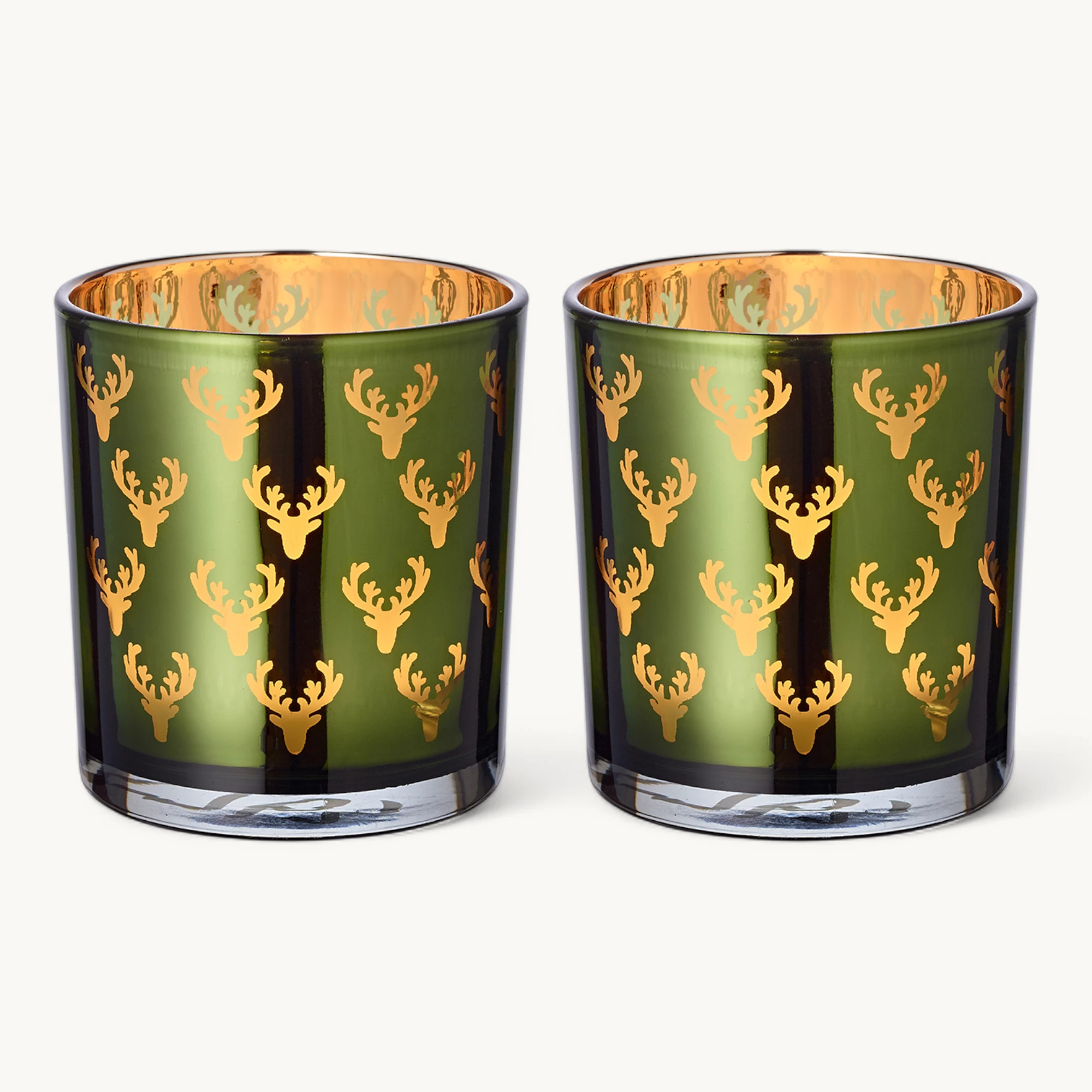 2er-Set Teelichtglas Dirk (Höhe 8 cm), grün & goldfarben, Hirsch-Motiv