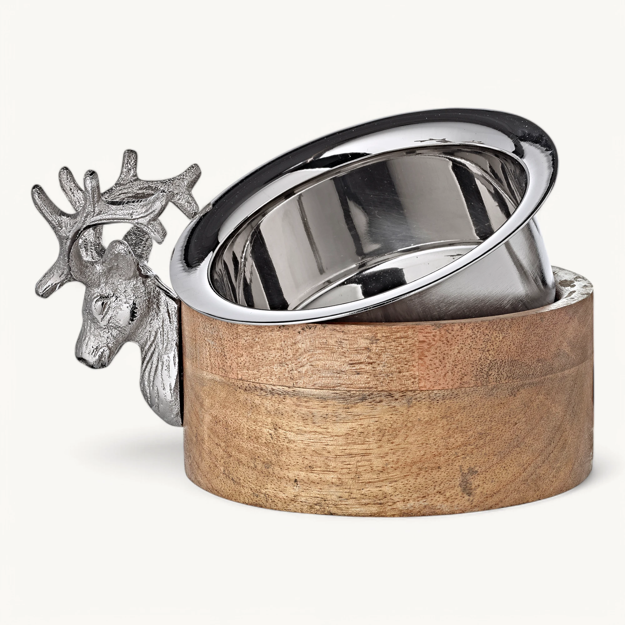 Schale, Flaschenuntersetzer Hirsch (Ø13 cm), Mangoholz, Aluminium vernickelt