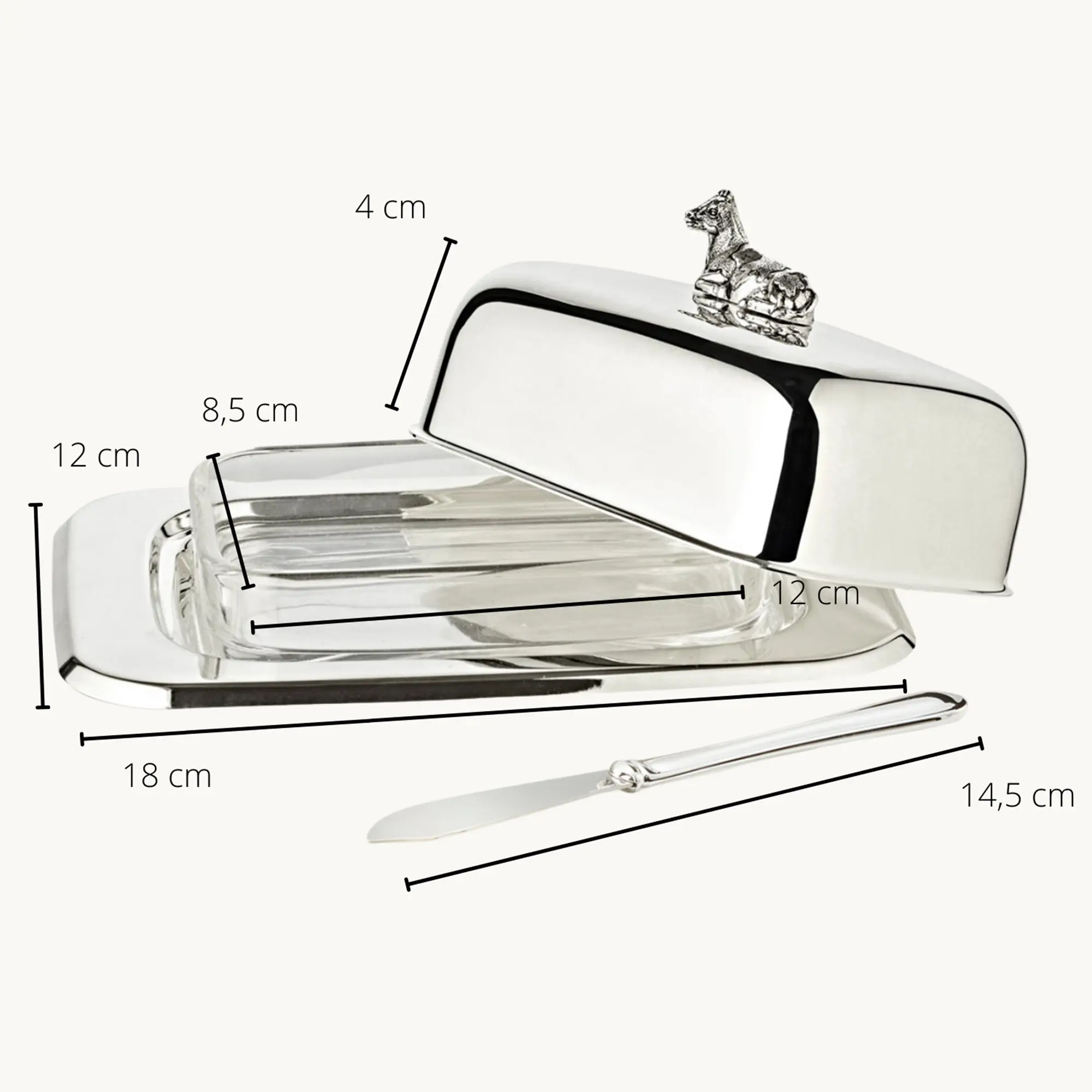 Butterdose Kuh (250 g Butter), Kuh-Figur, edel versilbert, mit Glasschale & Buttermesser