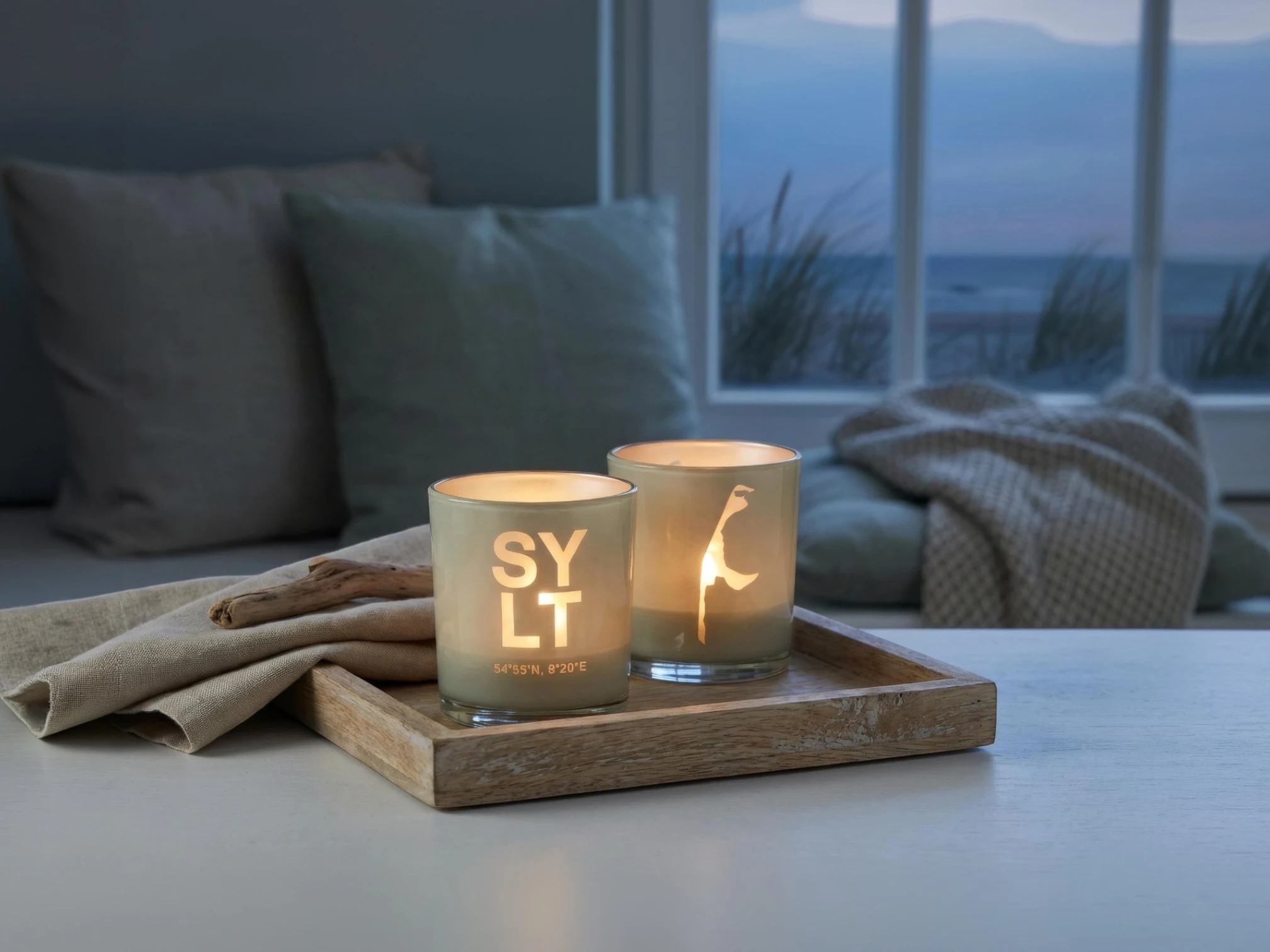 2er-Set Teelichtglas Sylt (Höhe 8 cm), grau, Sylt-Motiv