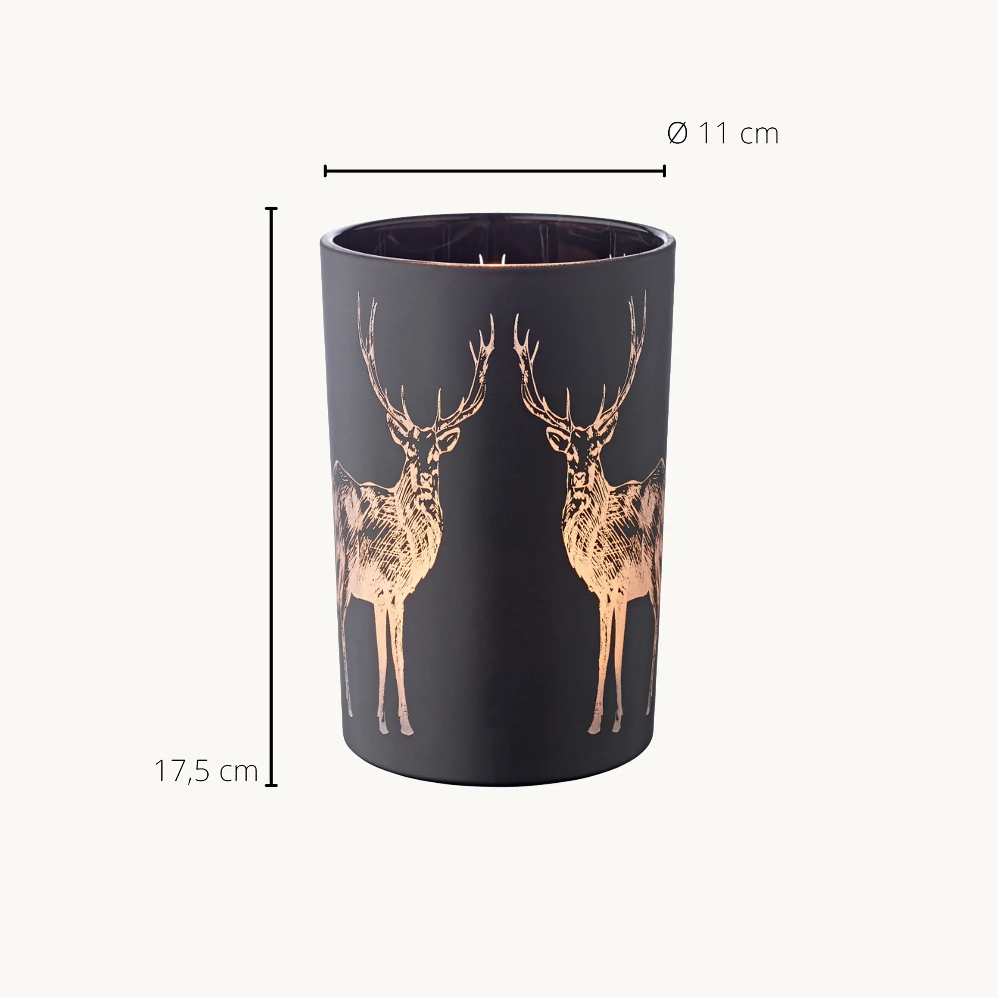 Teelichtglas Tiu (Höhe 18 cm), schwarz, Hirsch-Motiv