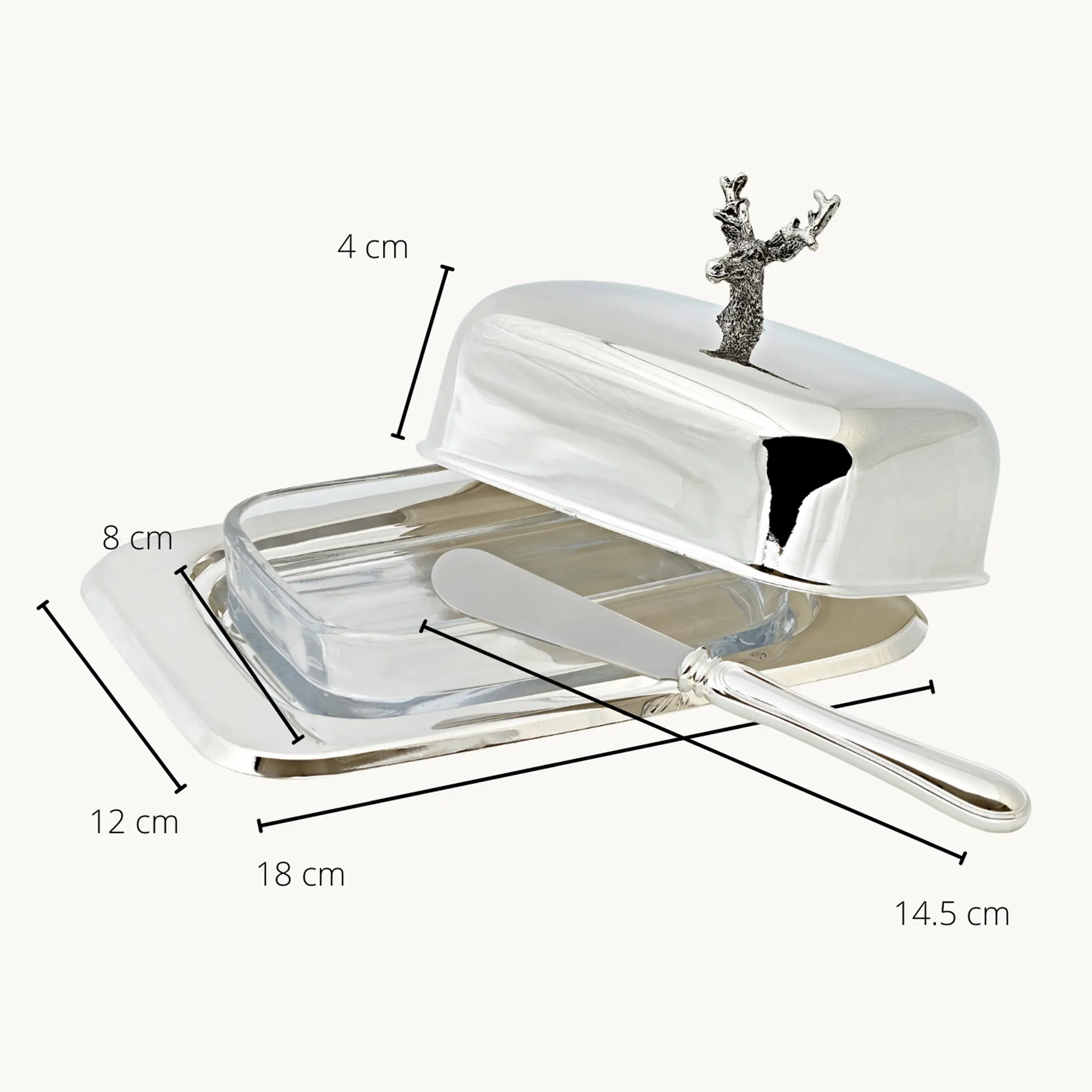 Butterdose Hirsch (250 g Butter), Hirsch-Figur, edel versilbert, mit Glasschale und Buttermesser