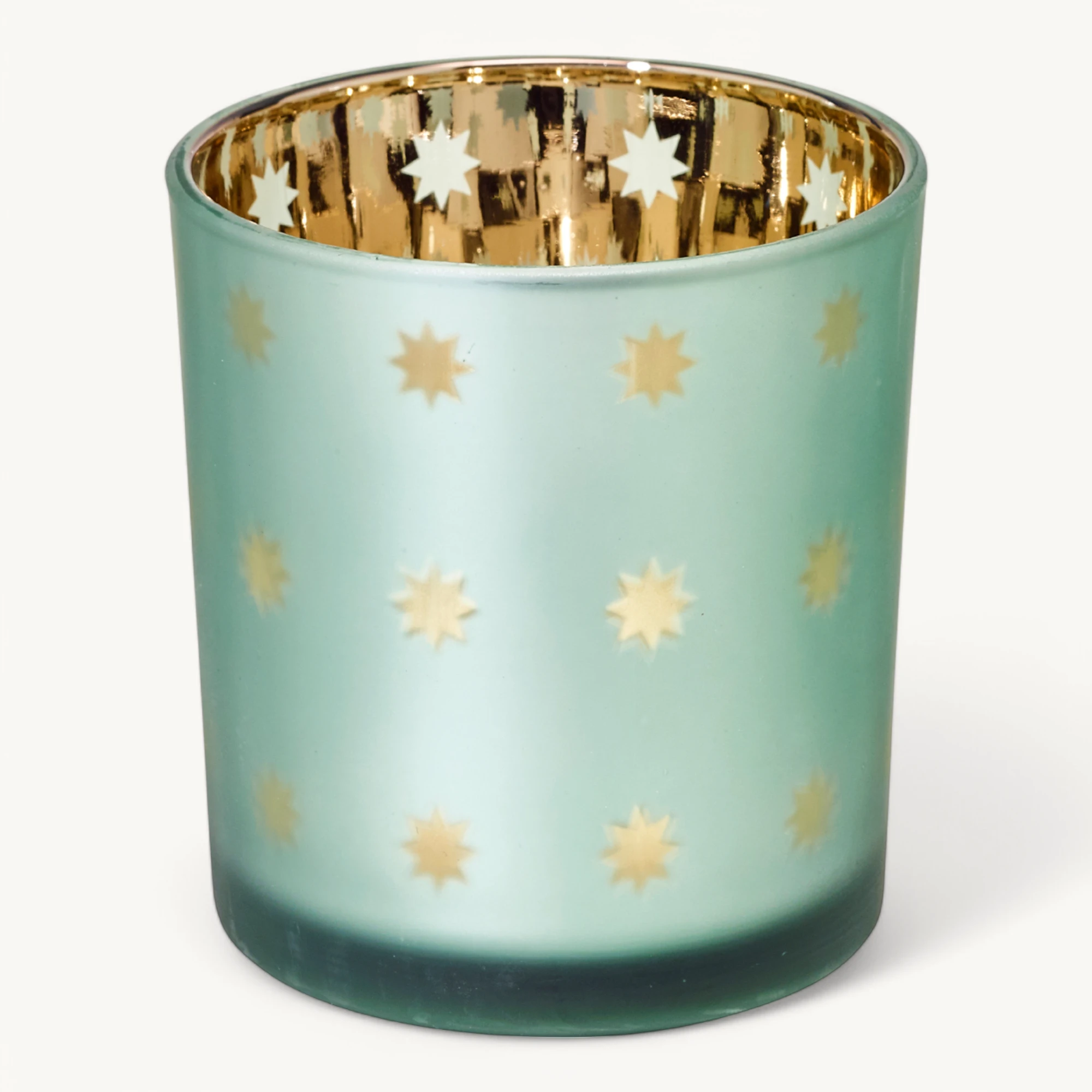 SALE Teelichtglas Duco (Höhe 8 cm), grün & goldfarben, Sternchen-Motiv