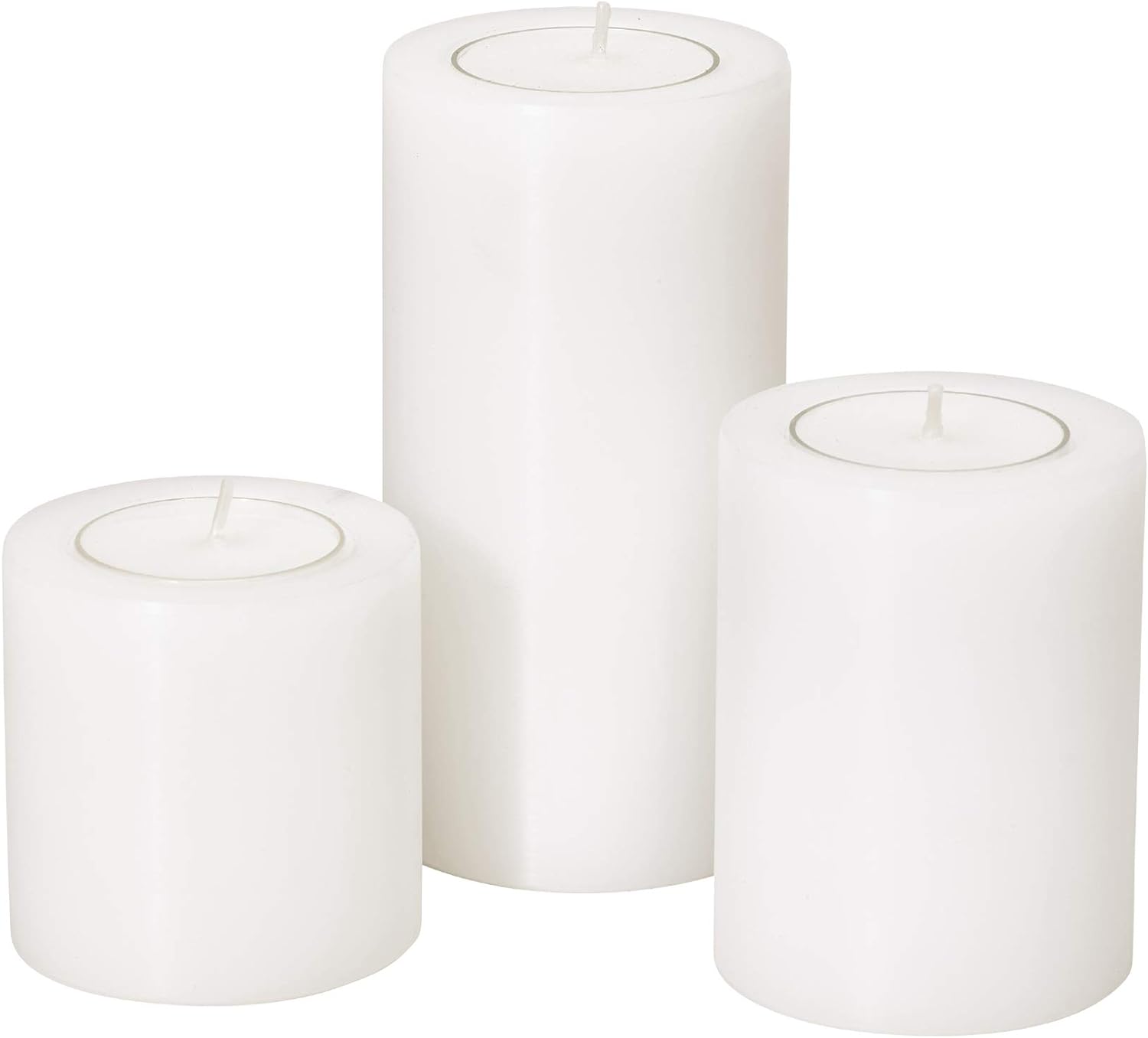 Set 3 Dauerkerzen Cornelius Plus 48 Teelichter (Ø 6 cm, H 6, 8, 10 cm) in weiß und Feuerzeug - Teelichthalter, Kerzenhalter in Kerzenoptik, Windlicht - Deko Kerzen, Tisch- & Wohnzimmerdeko - als Geschenk