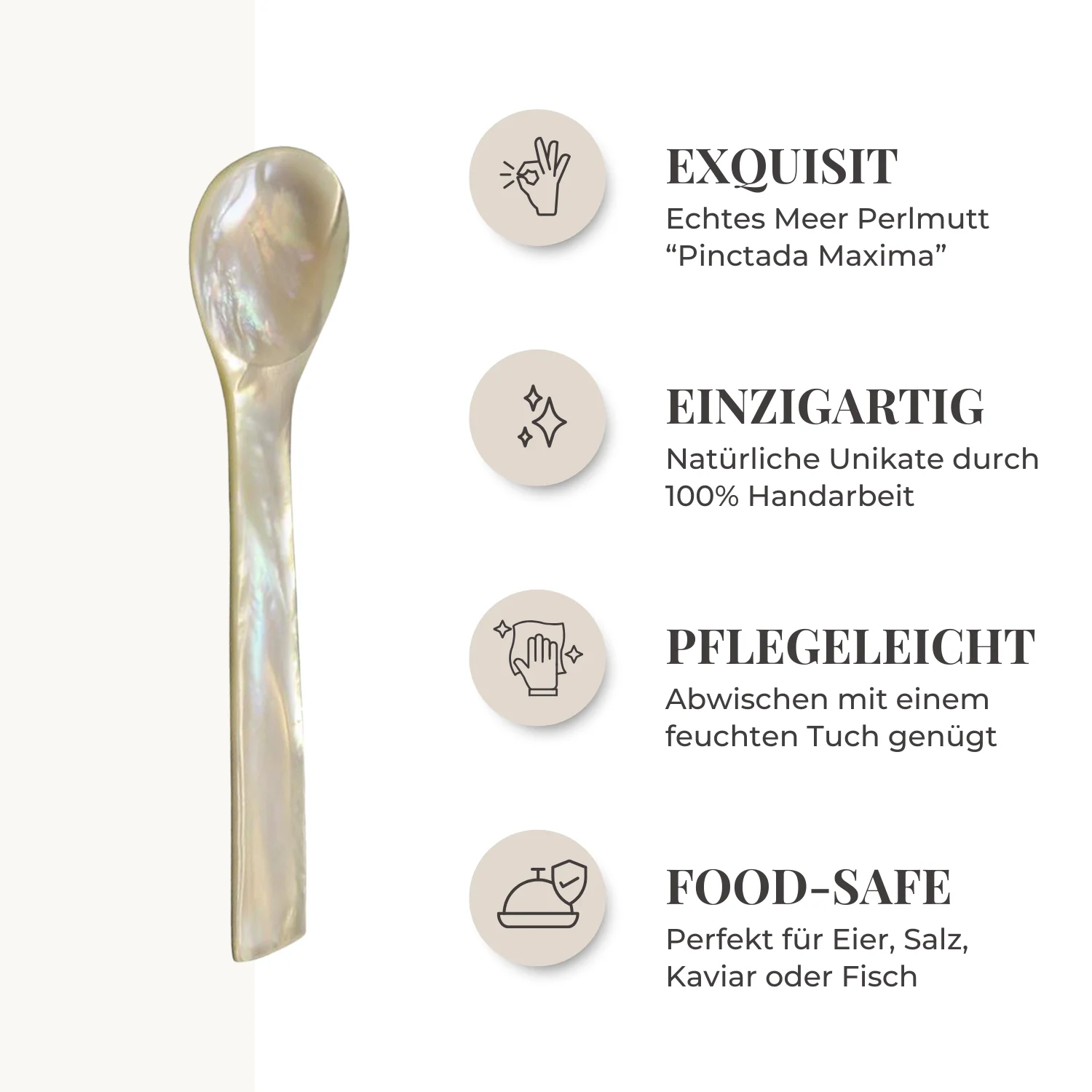 EDZARD 4er Set Eierlöffel (Länge 11 cm) aus echtem Meer-Perlmutt (Pinctada maxima), Handarbeit, 100% Naturprodukt, Griff oben eckig, edle Geschenkverpackung, Perlmuttlöffel für Ei und Kaviar