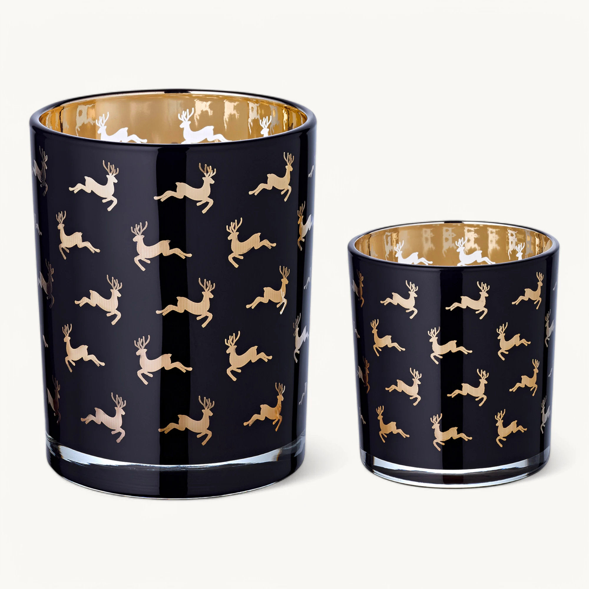 2er-Set Teelichtglas Luna (Höhe 8 & 13 cm), schwarz, Hirsch-Motiv