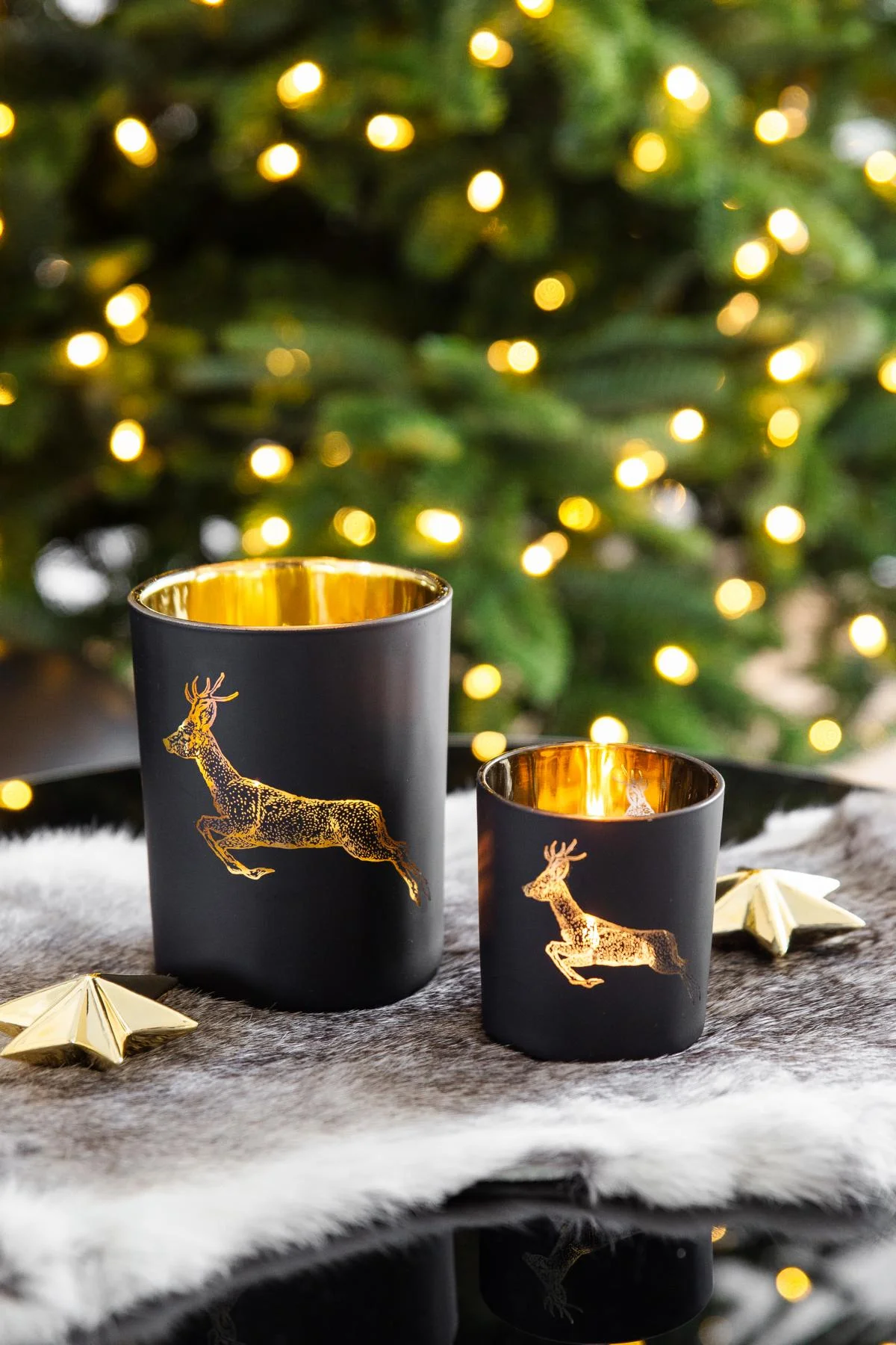 2er-Set Teelichtglas Sammy (Höhe 8 cm), schwarz & goldfarben, Hirsch-Motiv