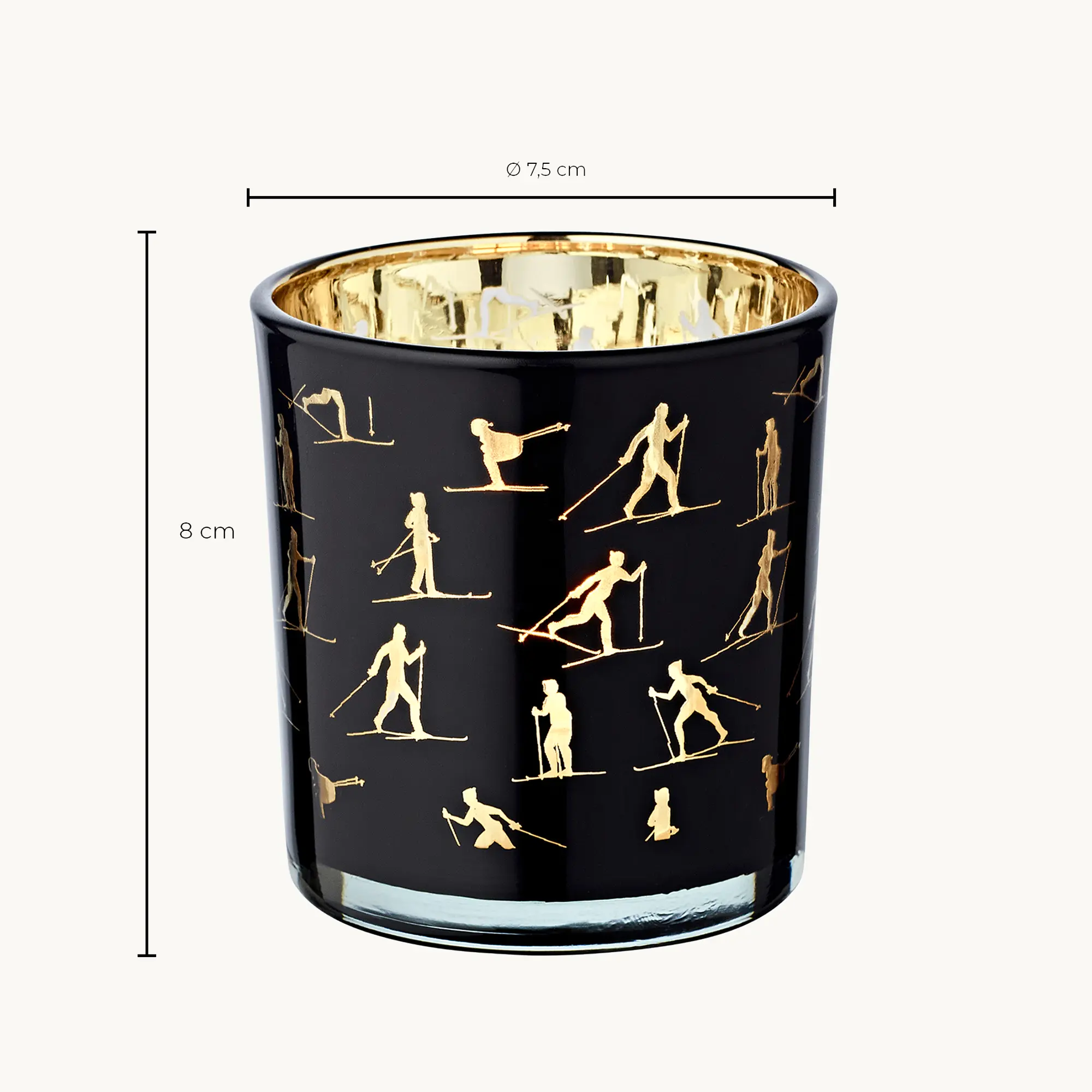2er-Set Teelichtglas Monty (Höhe 8 cm), schwarz & goldfarben, Skisport-Motiv