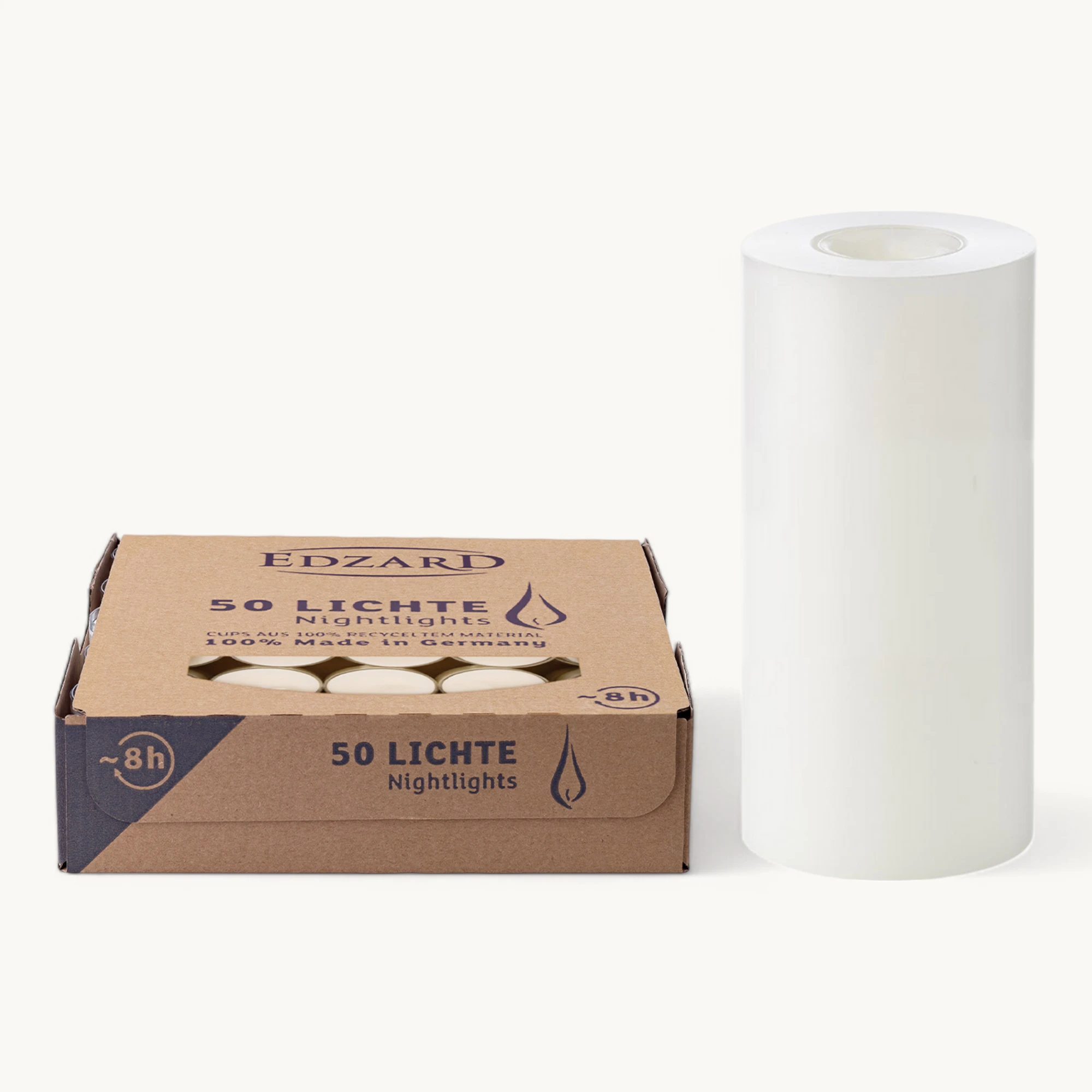 Teelichthalter Dauerkerze Cornelius, Höhe 15 cm, Durchmesser 8 cm, geeignet für handelsübliche Teelichter und höhere Teelichter plus 50 weiße Teelichter mit durchsichtiger Hülle