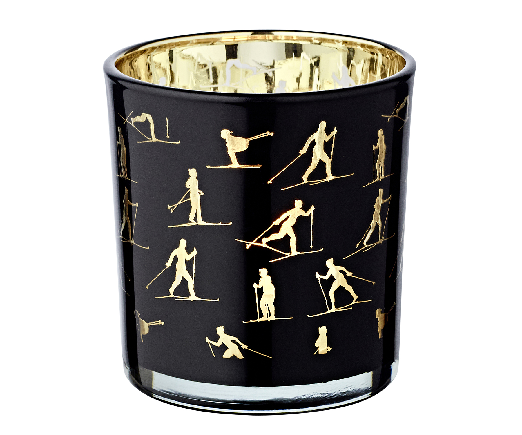 2er-Set Teelichtglas Monty (Höhe 8 cm), schwarz & goldfarben, Skisport-Motiv