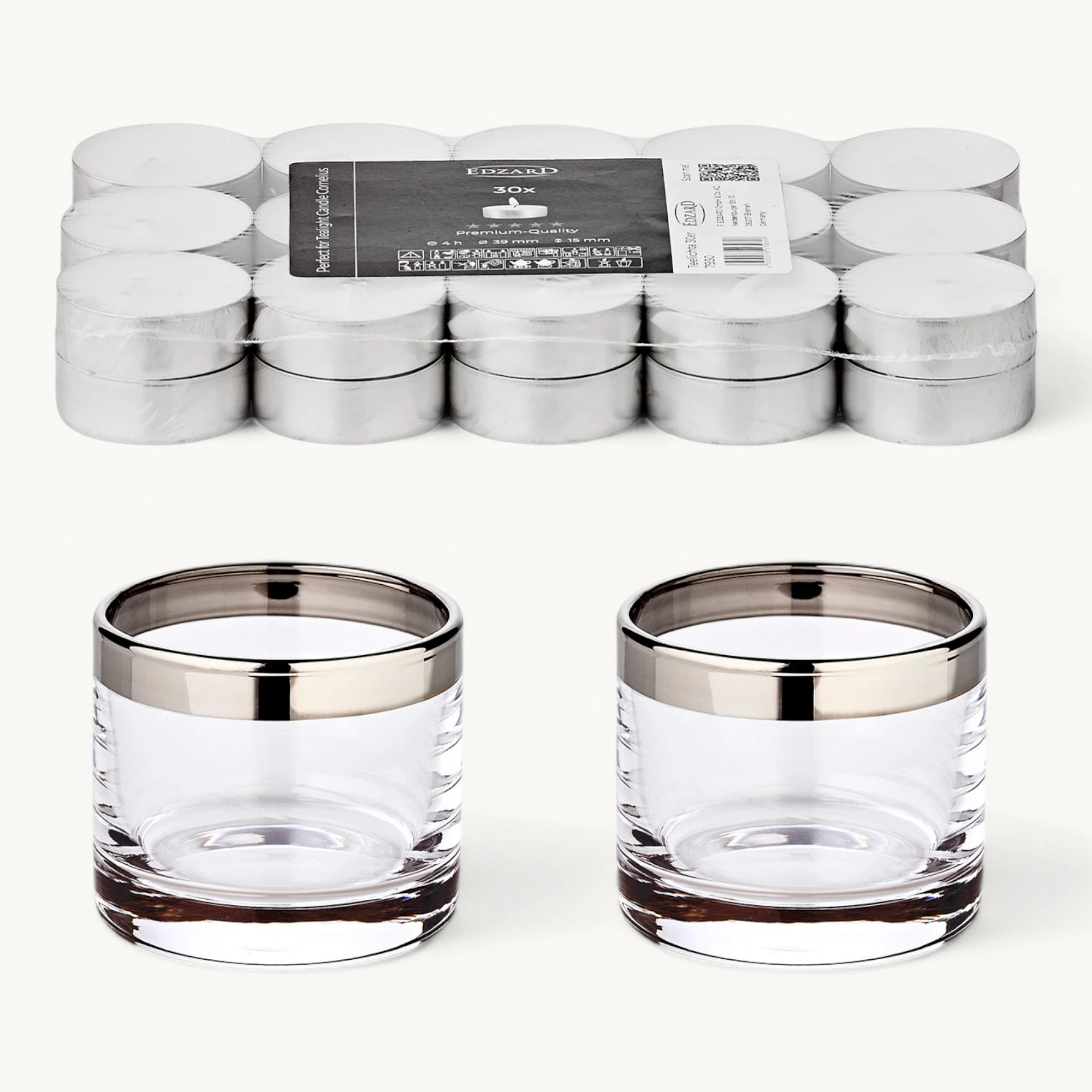 Windlicht Molly 2er-Set (Höhe 6 cm, Durchmesser 7 cm), mundgeblasenes Kristallglas mit Platinrand, Plus 30 Teelichter