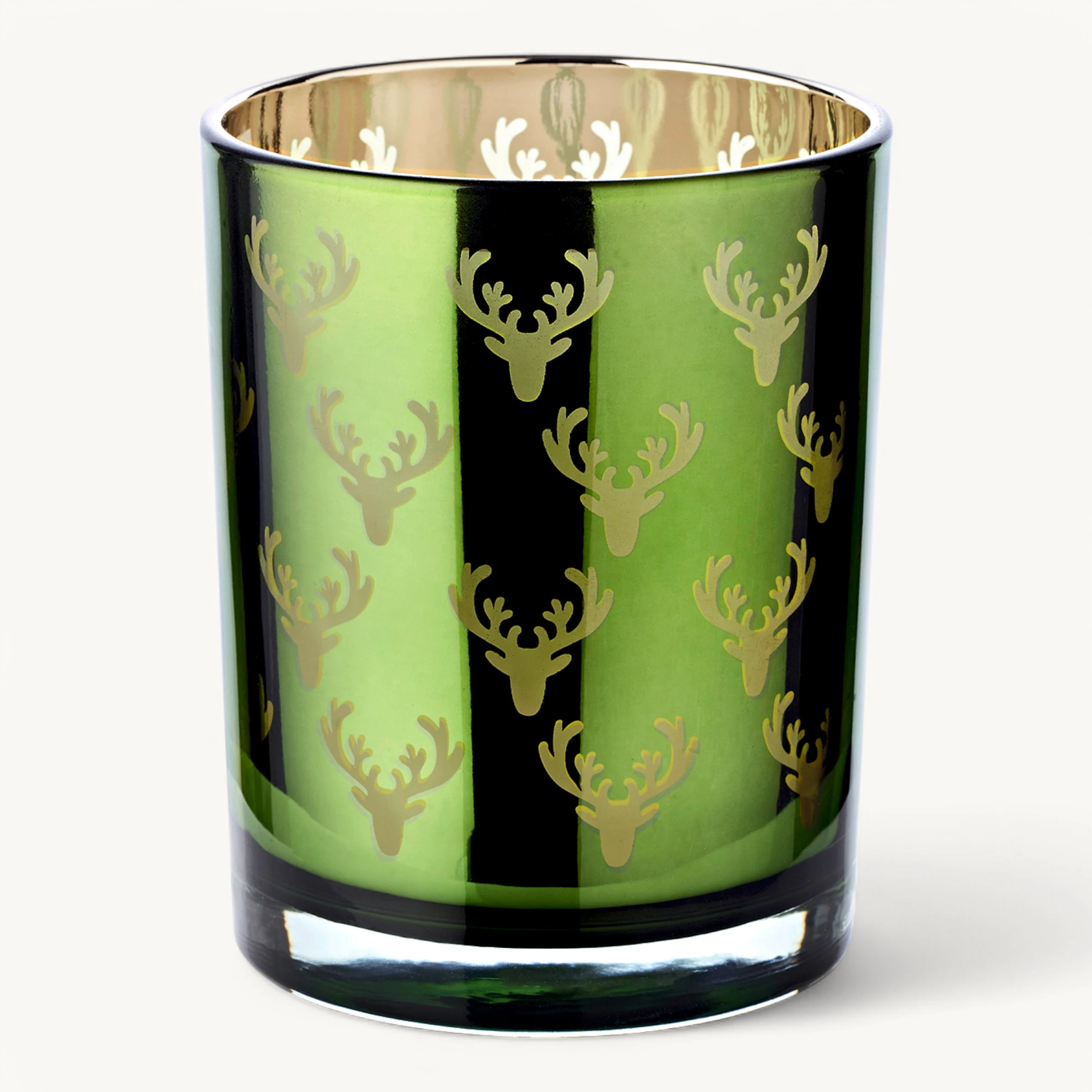 SALE Teelichtglas Dirk (Höhe 13 cm), grün & goldfarben, Hirsch-Motiv