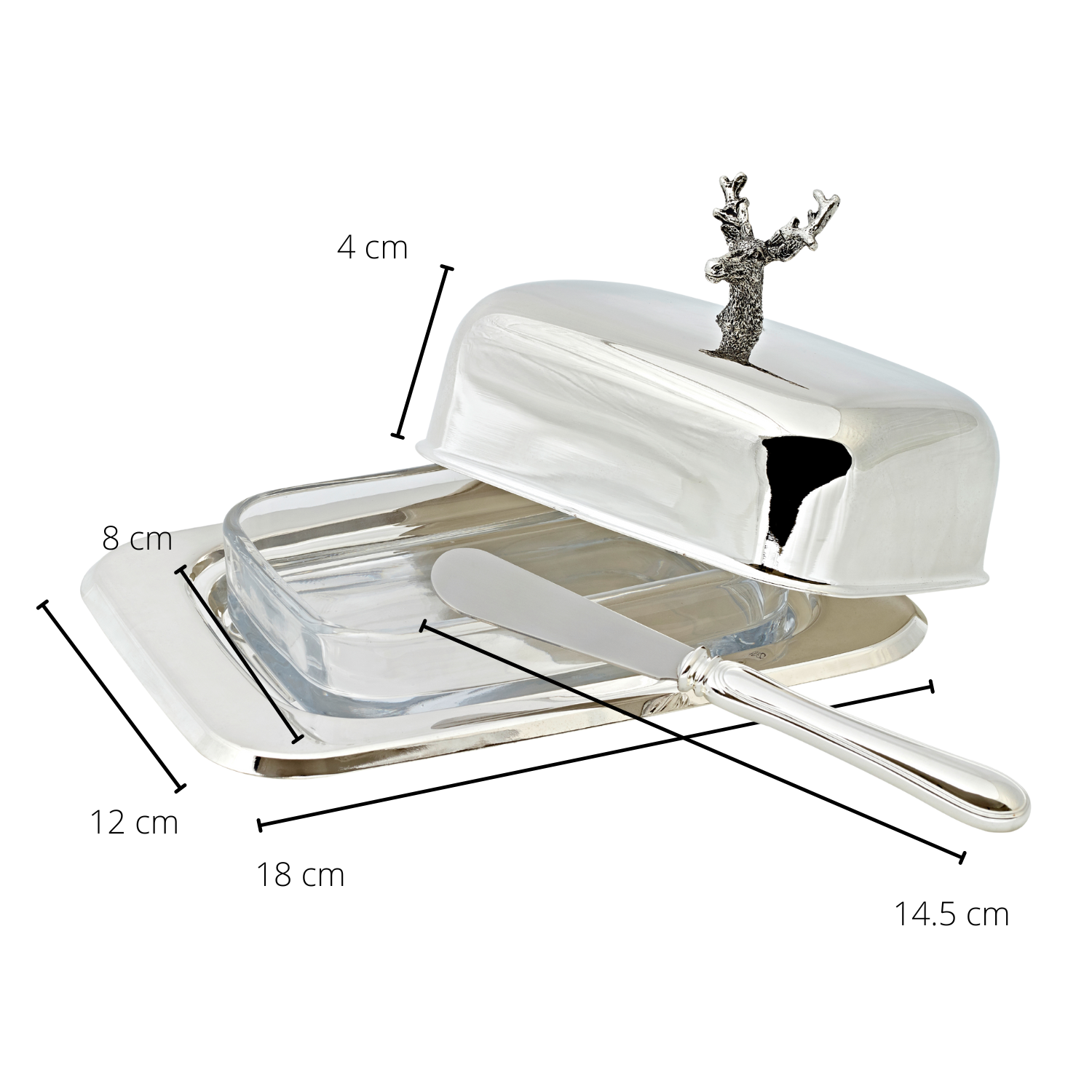 2.Wahl Butterdose Hirsch, 18x13 cm, H 8 cm, versilbert, mit Glasschale und Buttermesser, für