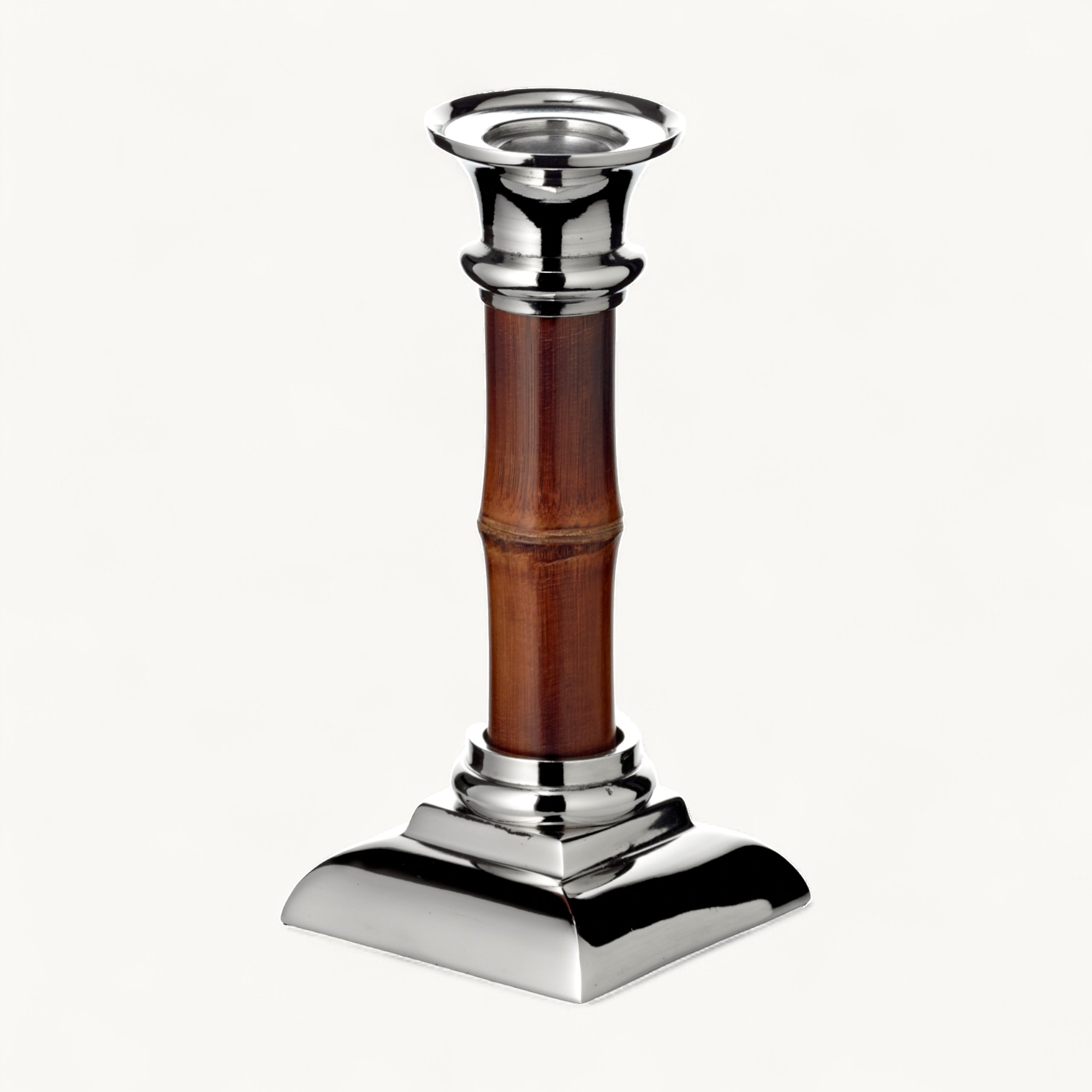 Kerzenleuchter Holm (Höhe 17 cm), mit Bambus-Schaft, glänzend, vernickelter Edelstahl