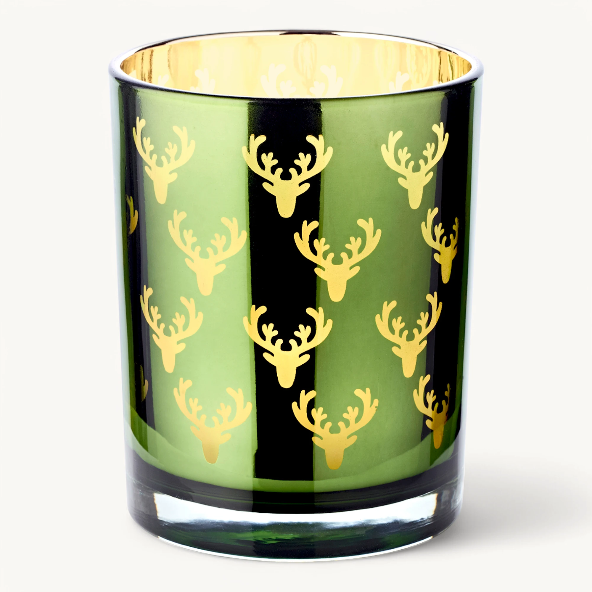 SALE Teelichtglas Dirk (Höhe 13 cm), grün & goldfarben, Hirsch-Motiv