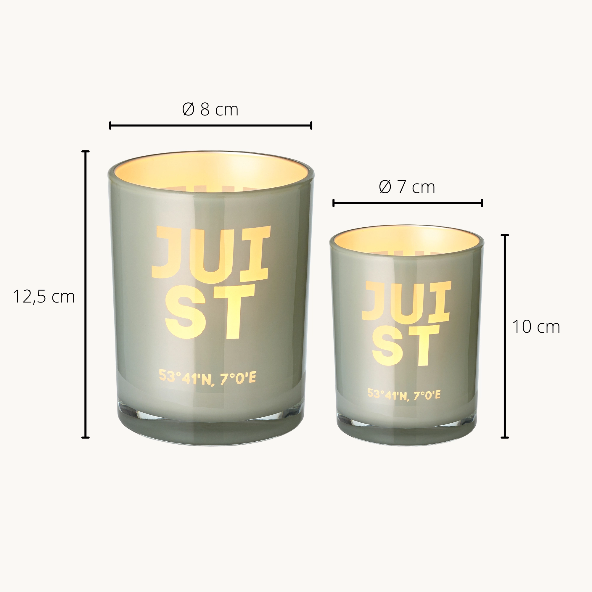2er-Set Teelichtglas Juist (Höhe 8 & 12,5 cm), grau, Juist-Motiv
