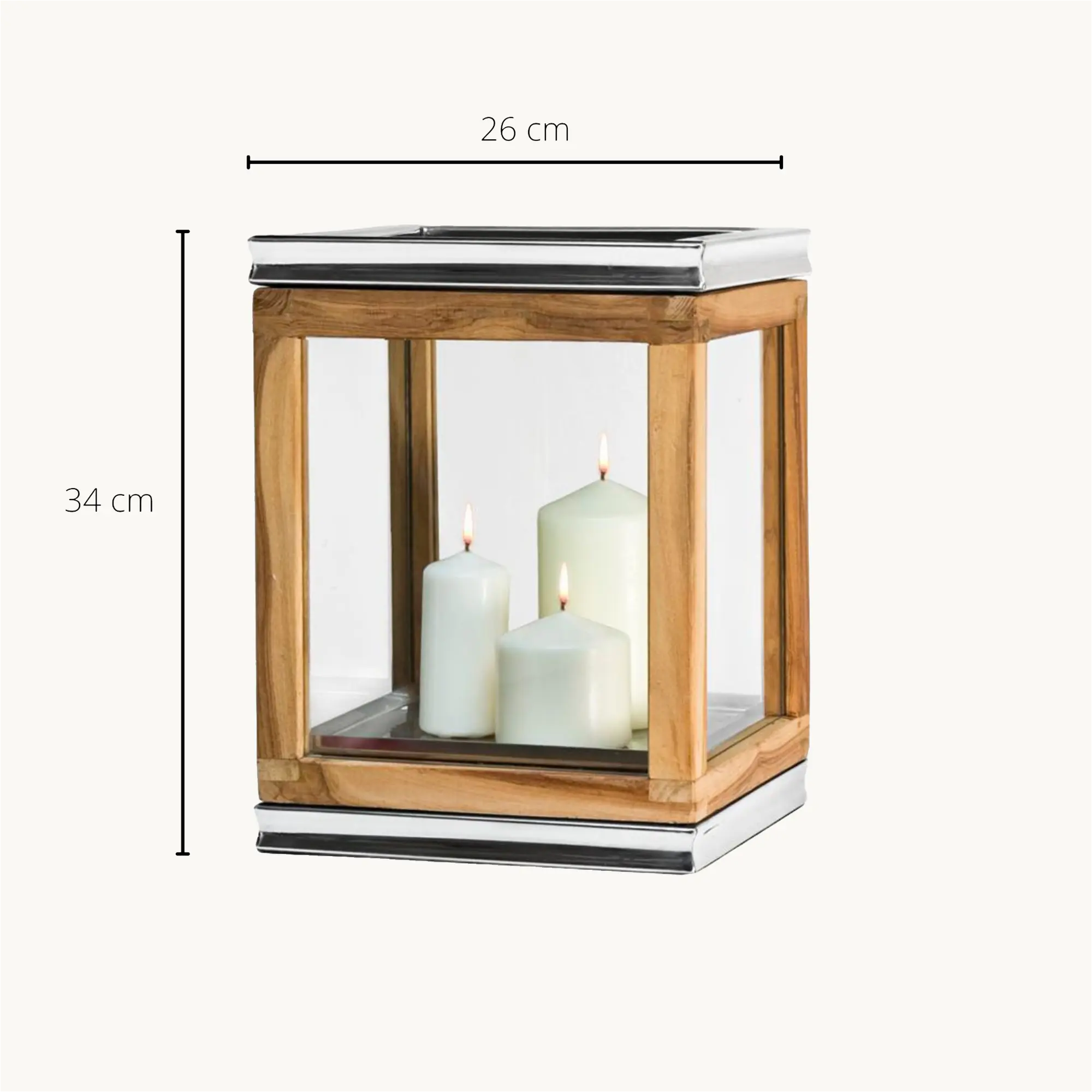 Laterne Dubai (Höhe 34 cm), edles Teakholz, Edelstahl, glänzend vernickelt Laterne Dubai (Höhe 34 cm), edles Teakholz, Edelstahl, glänzend vernickelt