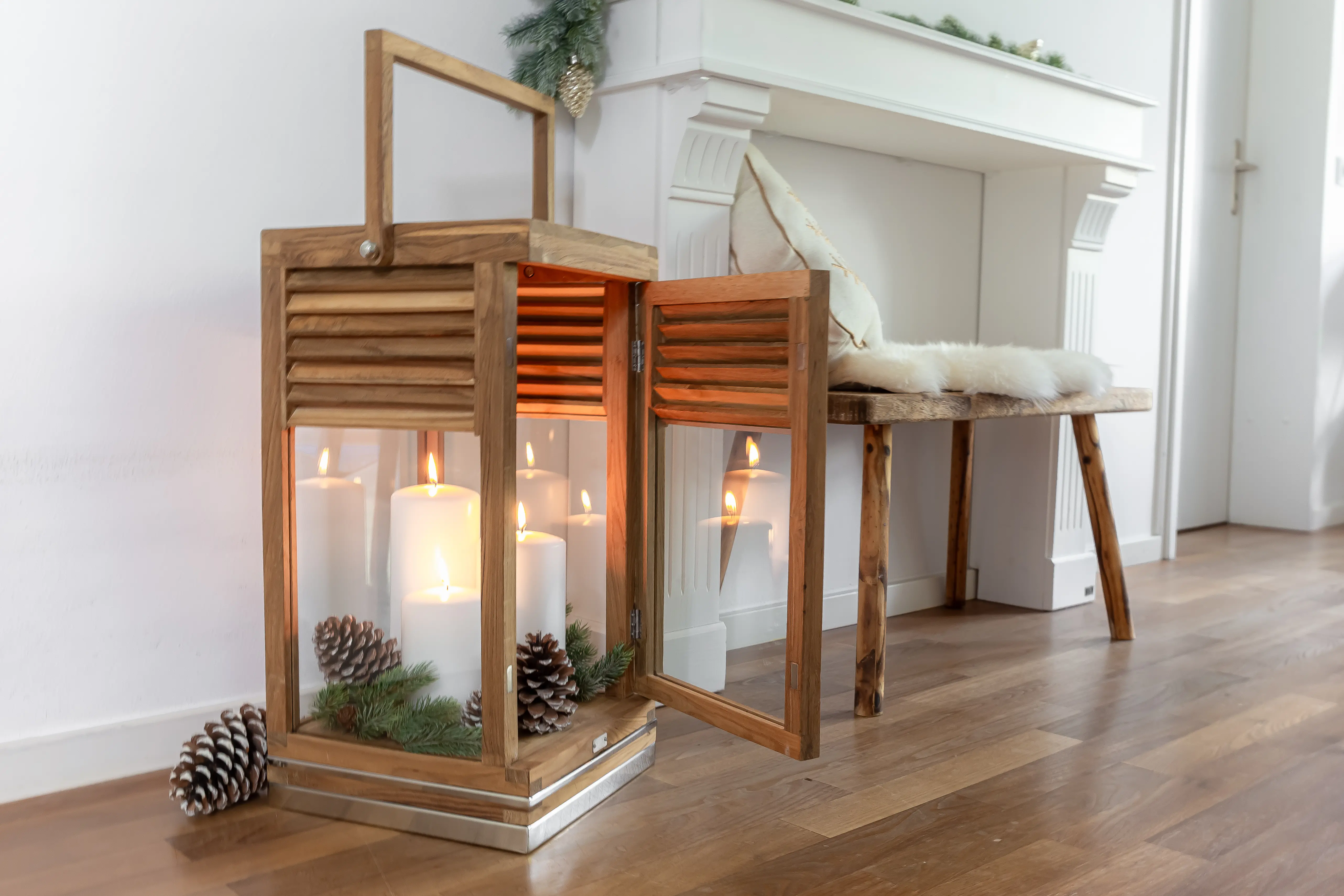 Laterne Vegas (Höhe 60 cm), edles Teakholz, Edelstahl, glänzend vernickelt