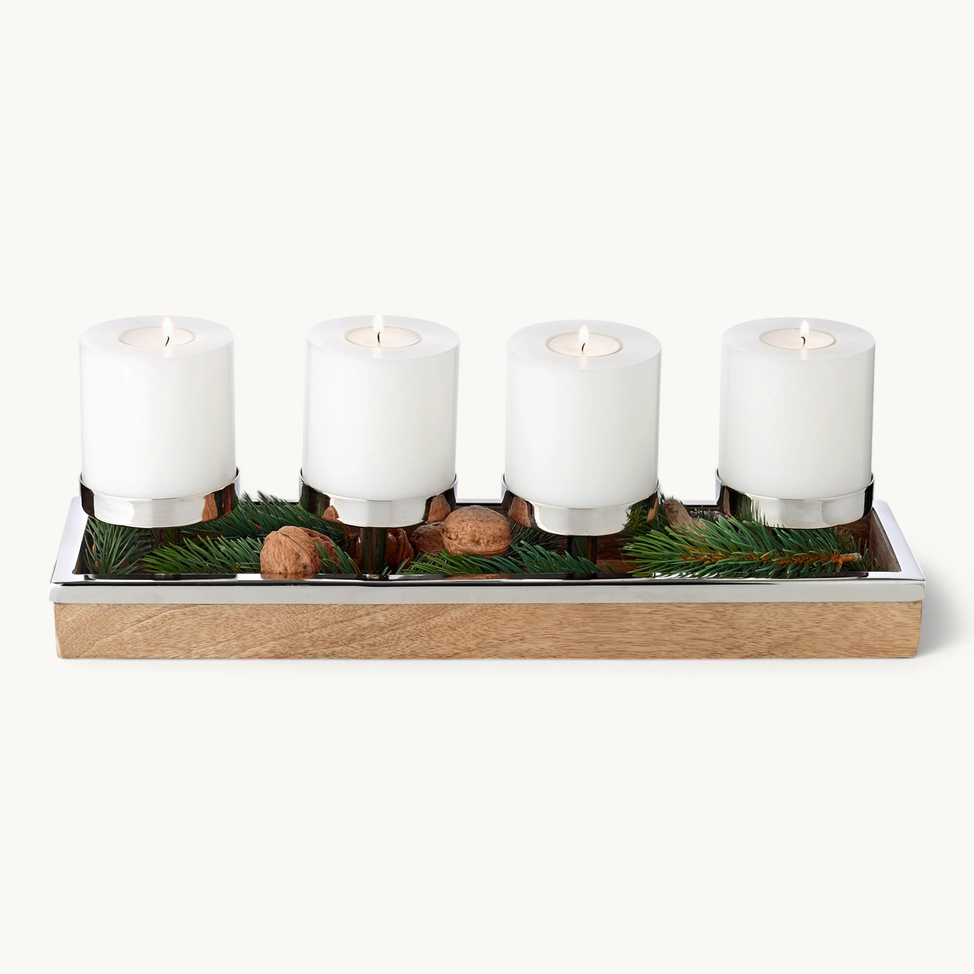 Adventskerzenhalter Lille (Höhe 9 cm, Länge 45 cm), Edelstahl und Mangoholz, für 4 Kerzen ø 8 cm