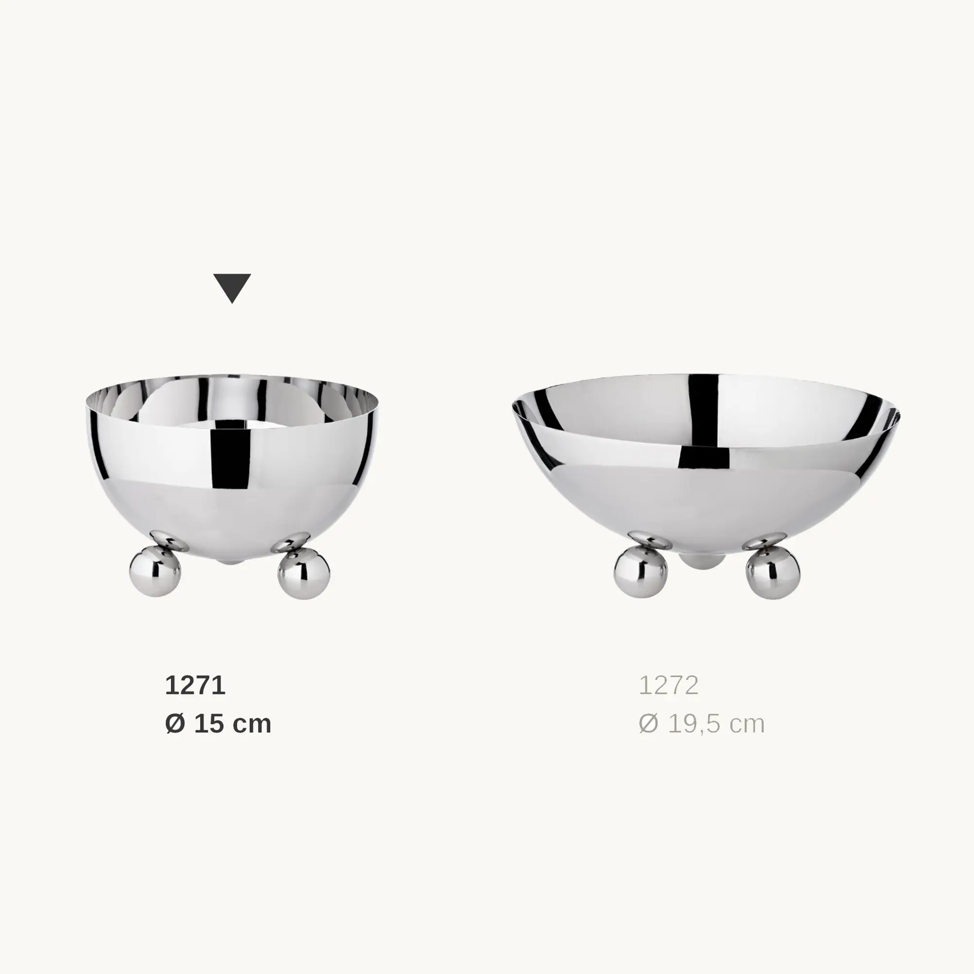 Schale Chicago (Durchmesser 15 cm, Höhe 9 cm) auf 3 Kugelfüßen, Edelstahl hochglanzpoliert