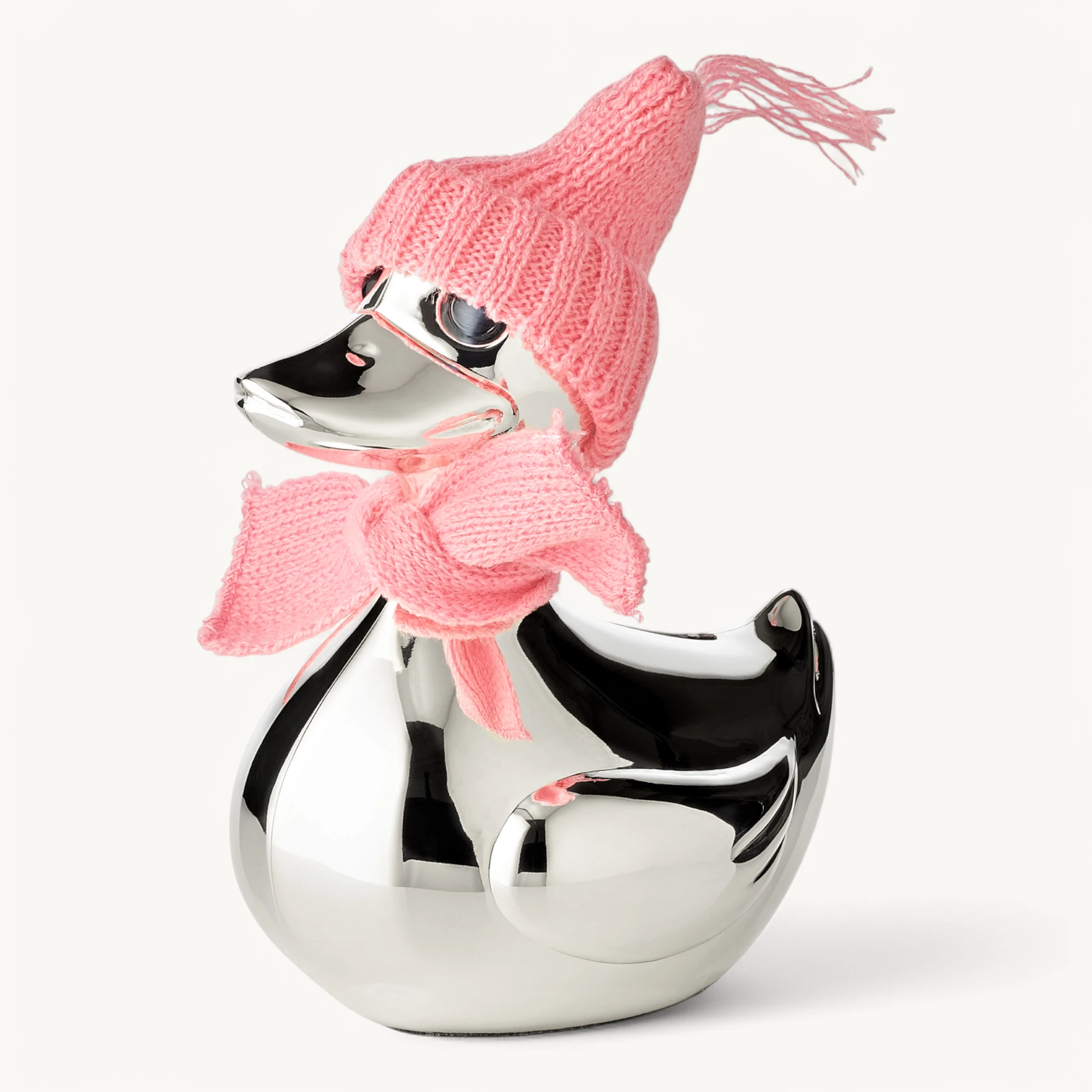 Spardose Ente, edel versilbert, anlaufgeschützt, Höhe 13 cm, mit Schal & Mütze in rosa und hellblau