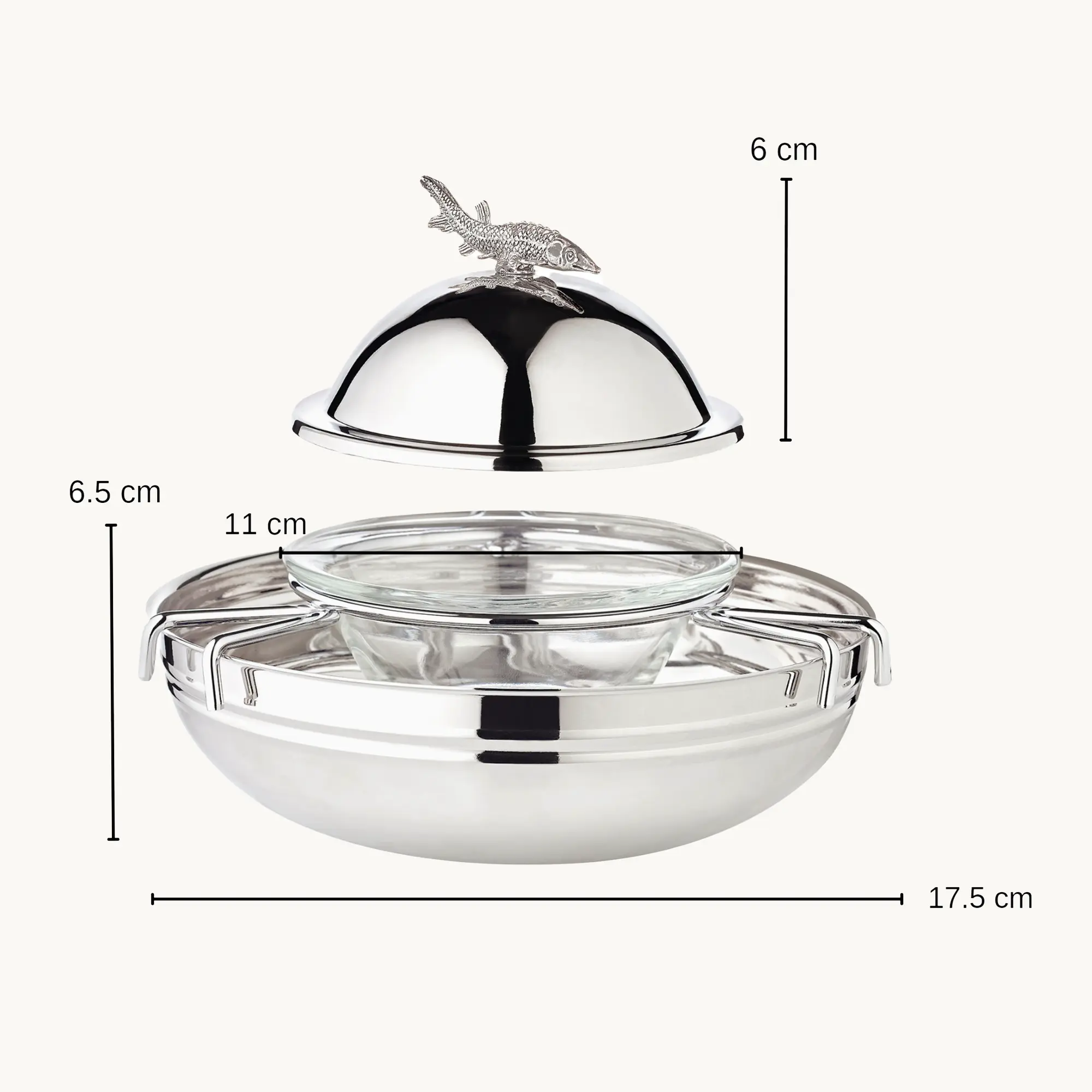 Kaviarschale Stör (Höhe 12,5 cm, Ø 17,5 cm), silberfarben, mit Fisch-Figur als Griff, mit Glasschale