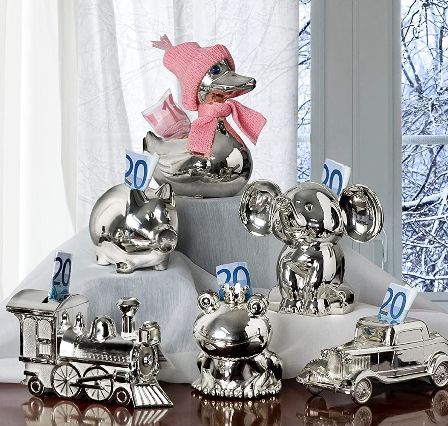 2. Wahl Spardose Sparbüchse Elefant, Höhe 11 cm, edel versilbert, anlaufgeschützt