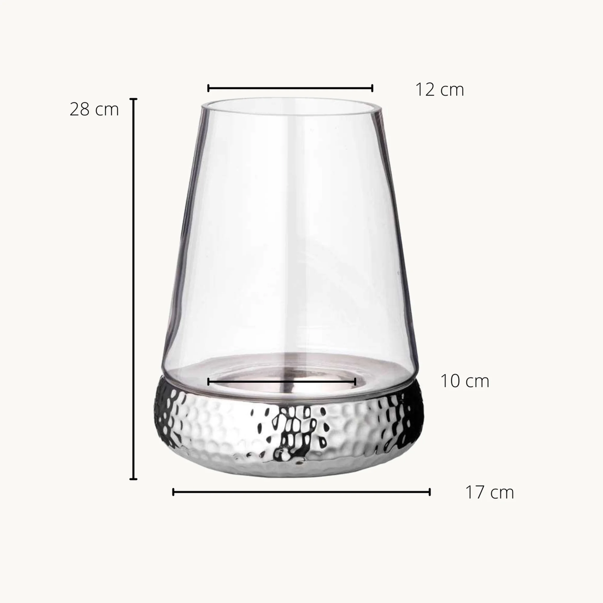 Windlicht Bora (Höhe 28 cm), gehämmert, vernickelter Keramikfuß