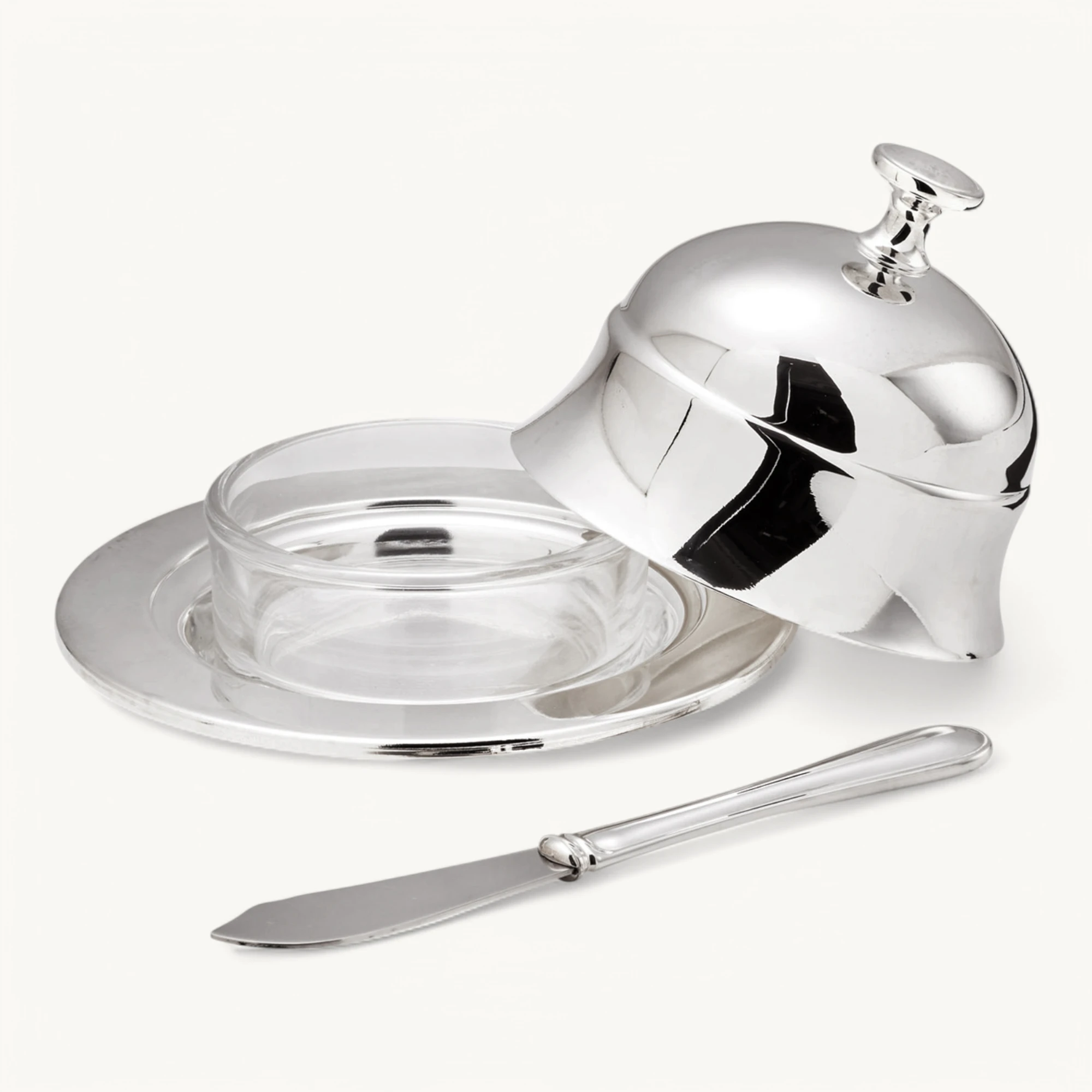 Butterglocke Epe (130 g Butter), edel versilbert, mit Glasschale und Buttermesser