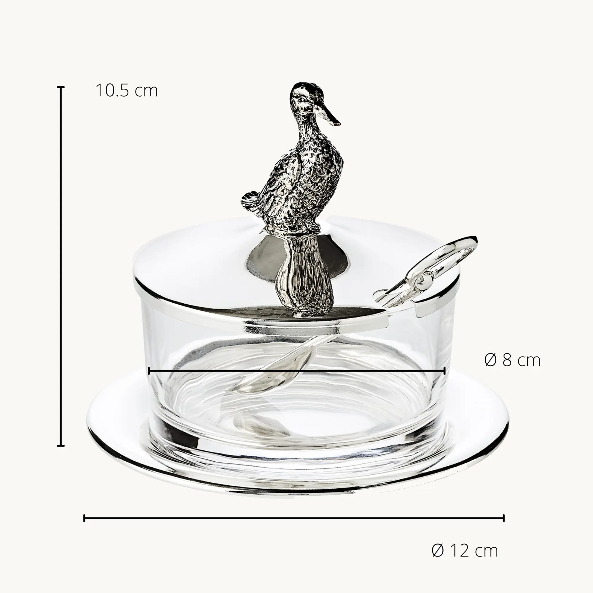 Marmeladenglas Ente (290 g), Enten-Figur, mit Untersetzer und Löffel, edel versilbert