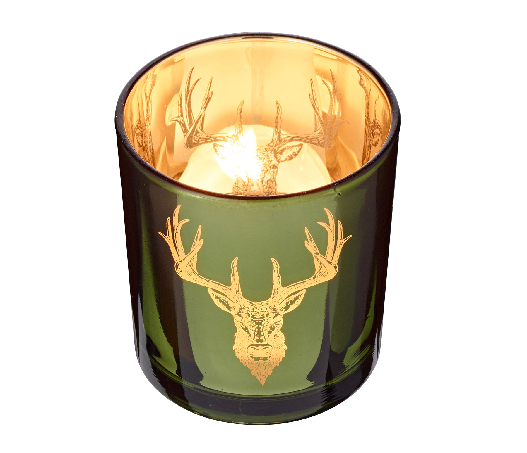 SALE Teelichtglas Alex (Höhe 8 cm), grün & goldfarben, Hirsch-Motiv