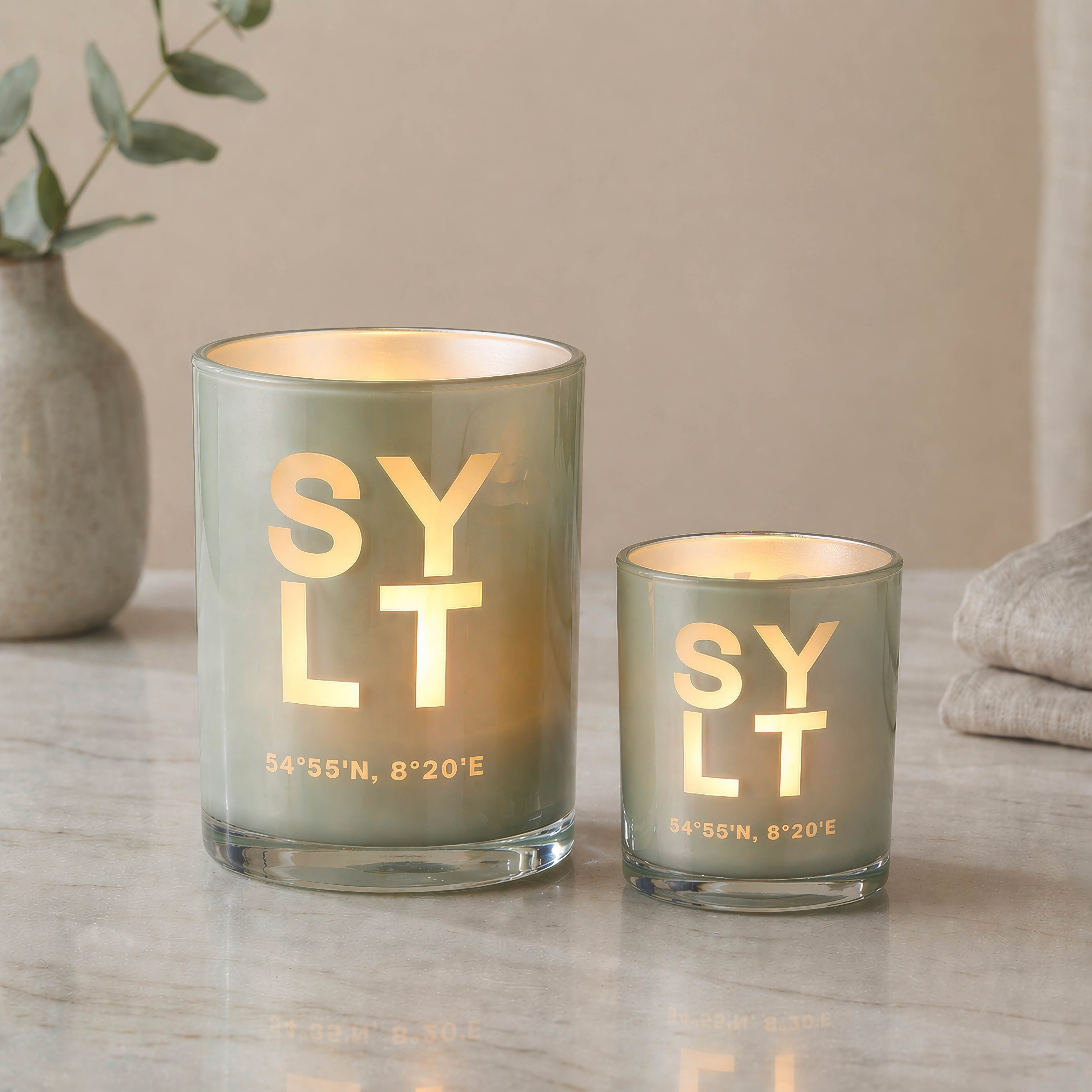 2er-Set Teelichtglas Sylt (Höhe 8 & 12,5 cm), grau, Sylt-Motiv