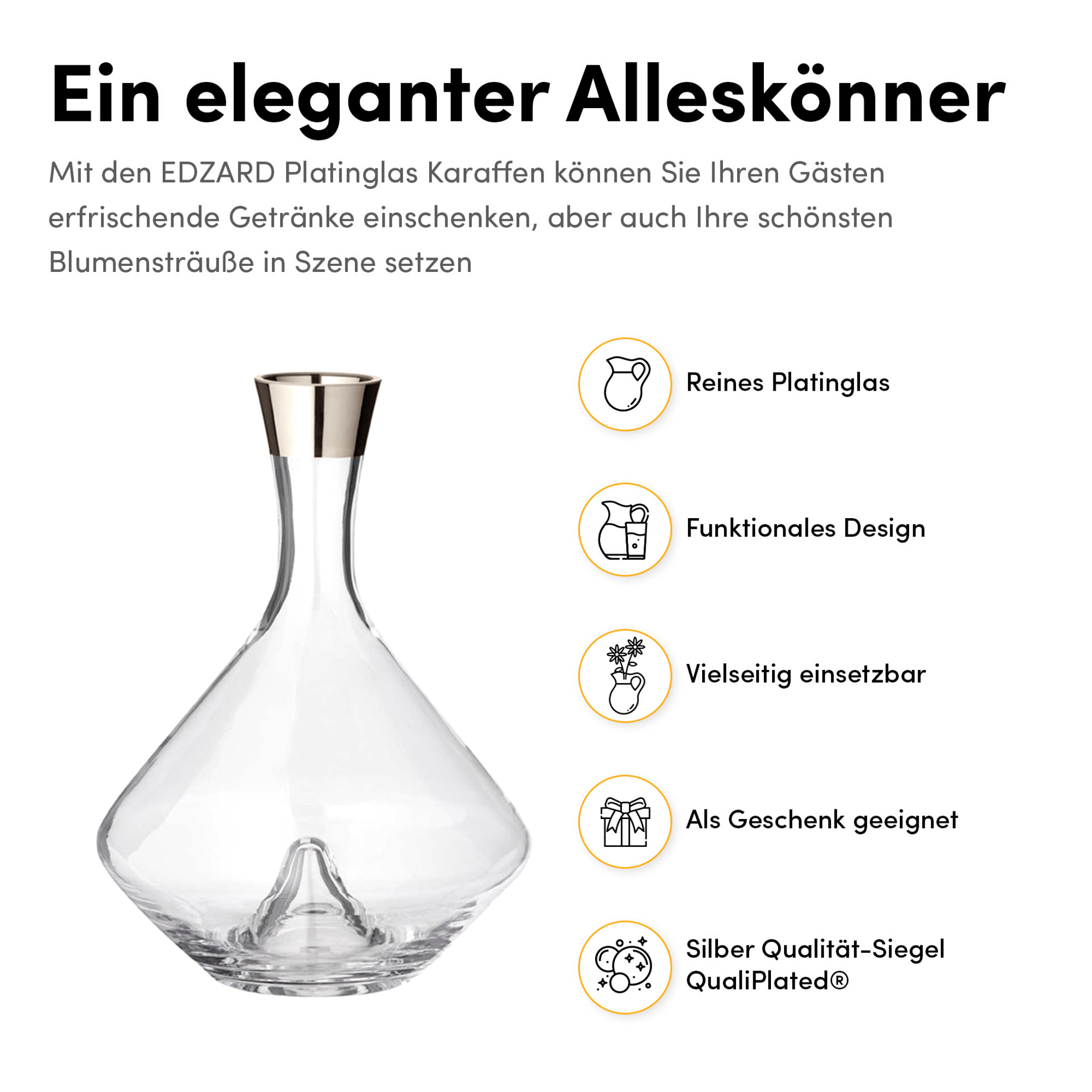 Karaffe Frederick (2,1 Liter), mundgeblasenes Kristallglas, Platinrand