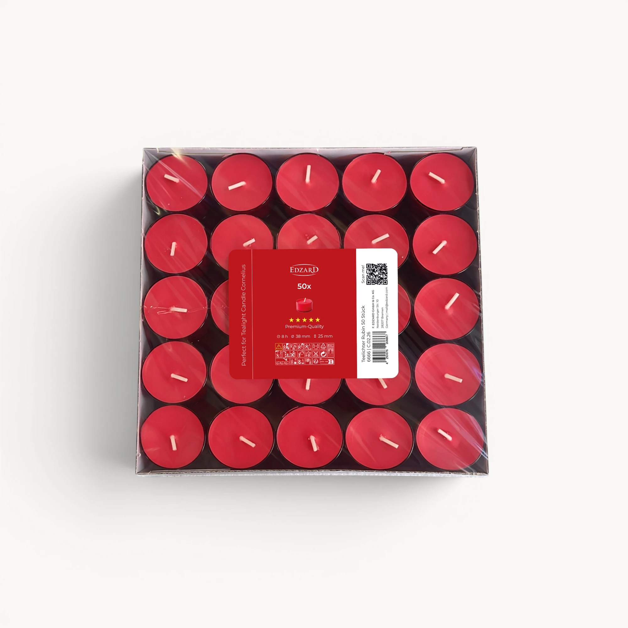 50 Stück Nightlights Teelichter, rot, ohne Duft, rote Kunststoffhülle, Brenndauer ca. 8 h