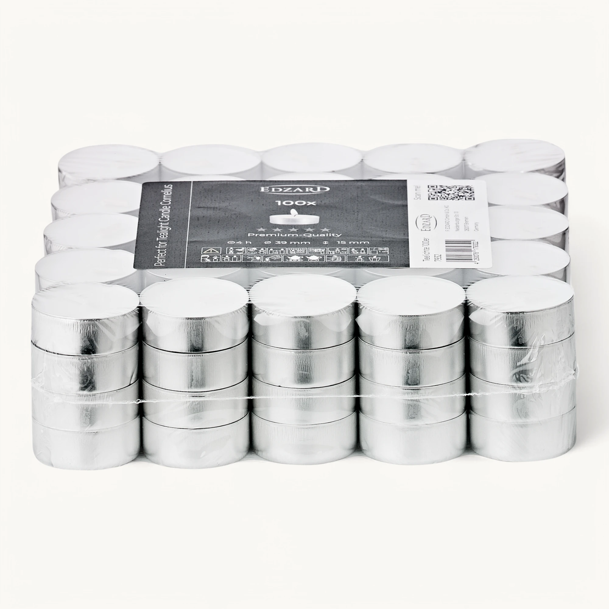 100 Stück Teelichter, weiß, Premium Wachs, Aluminiumhülle, Brenndauer ca. 4h
