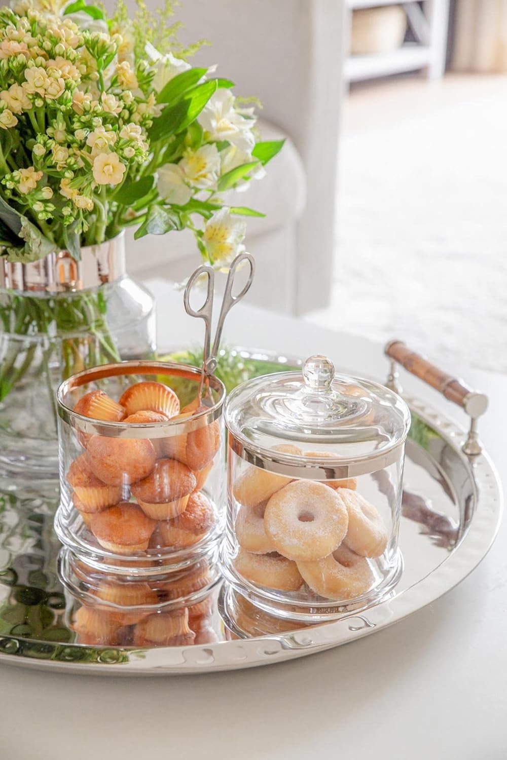 Glasdose Lia (Höhe 16,5 cm, Ø 14 cm) mit Deckel, mundgeblasenes Kristallglas mit Platinrand