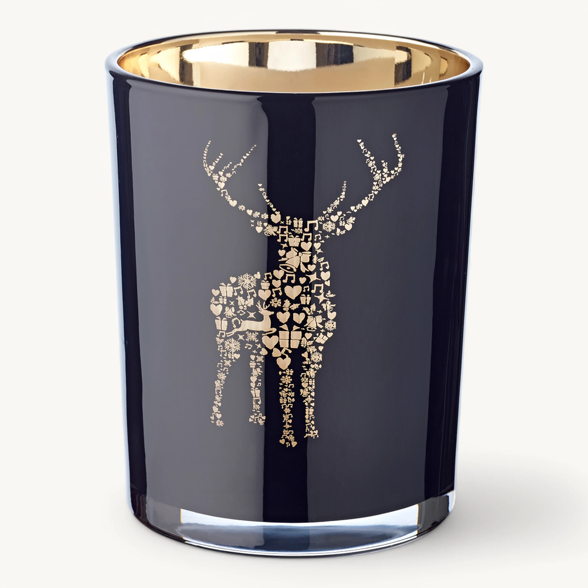 Teelichtglas Fancy (Höhe 13 cm), schwarz & goldfarben, Hirsch-Motiv