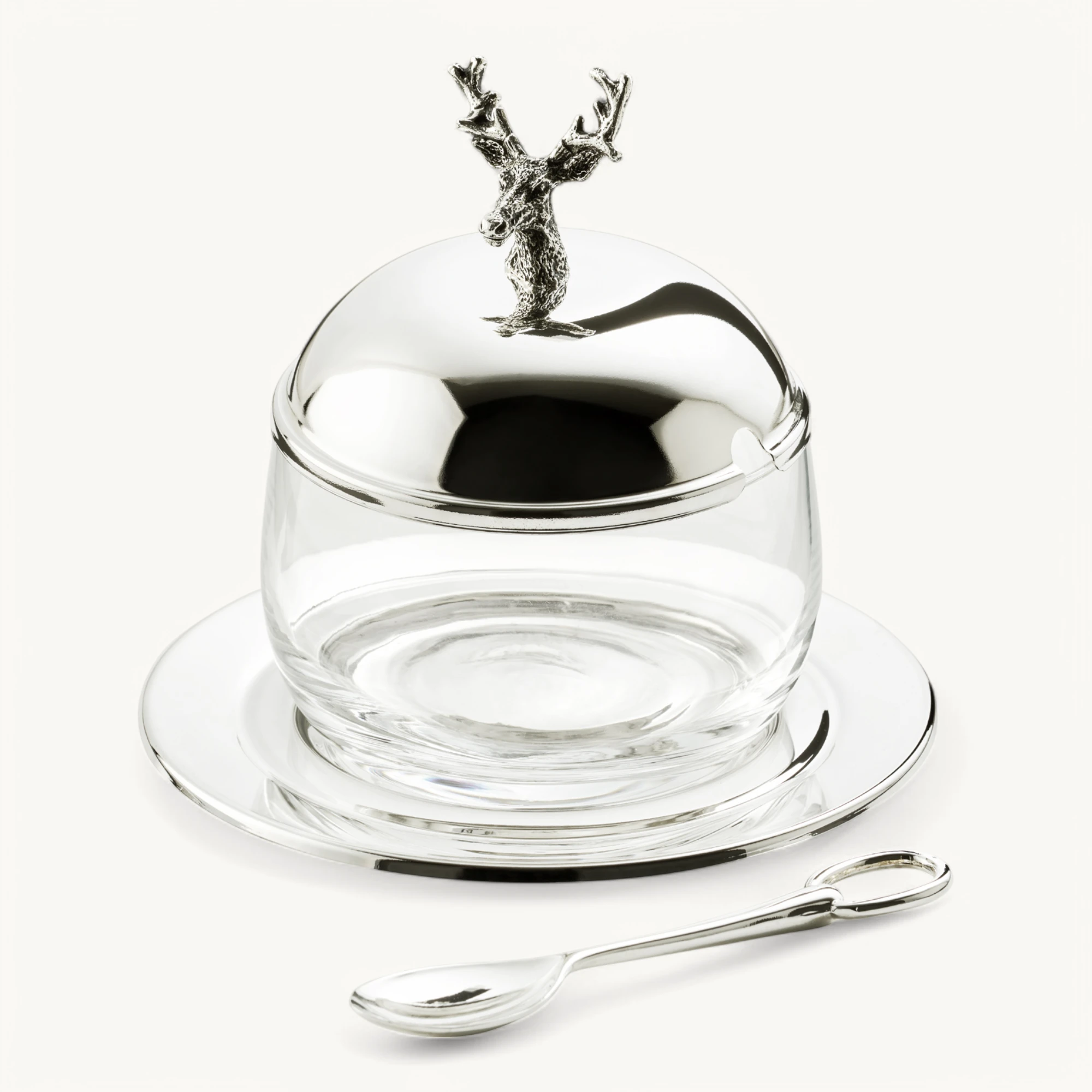 Marmeladenglas Hirsch (350 g), Hirsch-Figur, mit Untersetzer und Löffel, edel versilbert Marmeladenglas Hirsch (350 g), Hirsch-Figur, mit Untersetzer und Löffel, edel versilbert