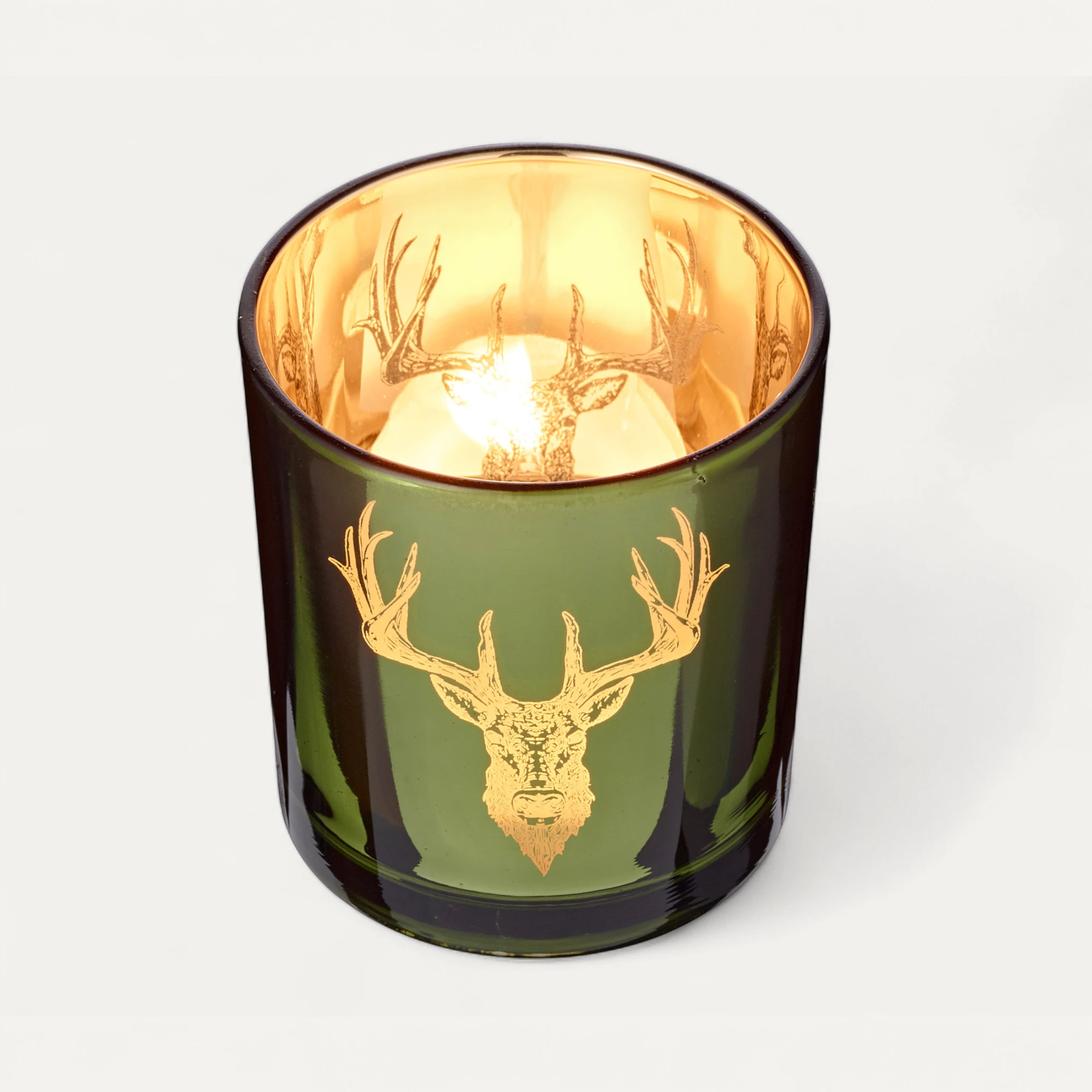 2er-Set Teelichtglas Ted (Höhe 8 cm), grün & goldfarben, Hirsch-Motiv