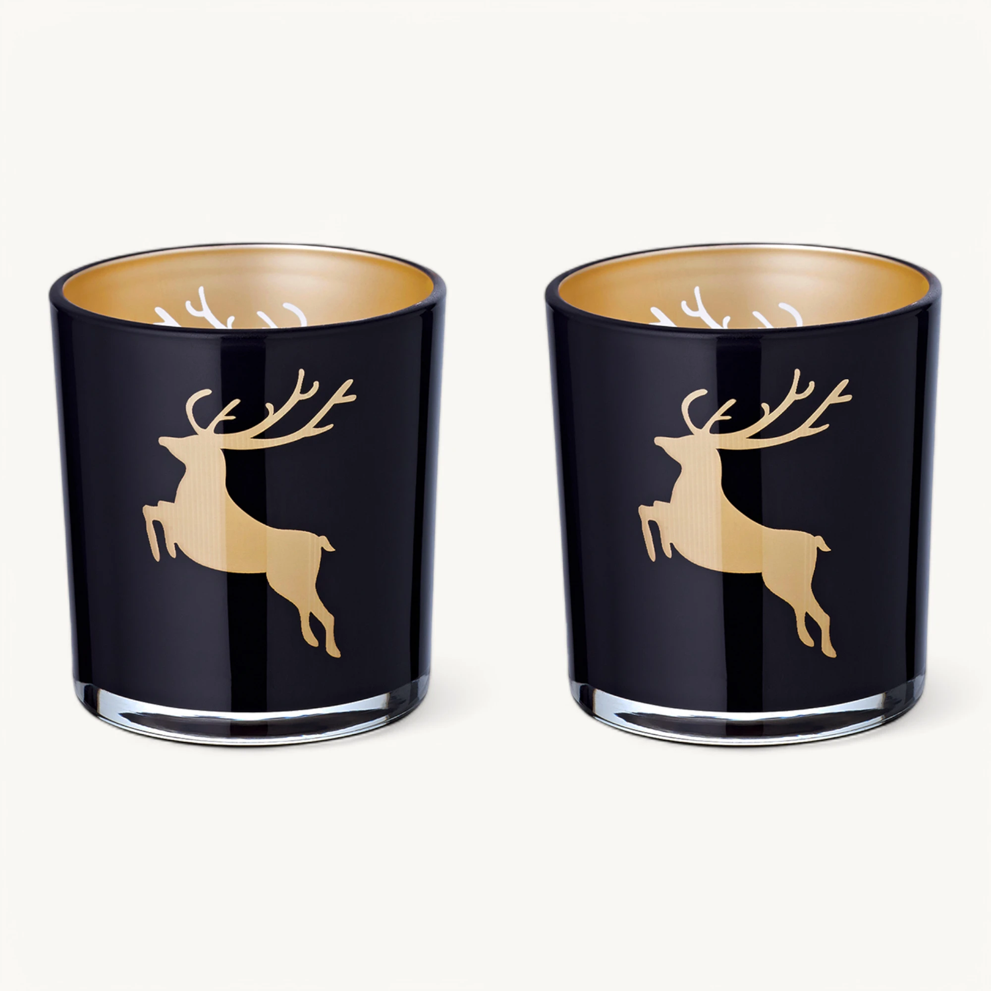 2er-Set Teelichtglas Elsa (Höhe 8 cm), schwarz, Hirsch-Motiv