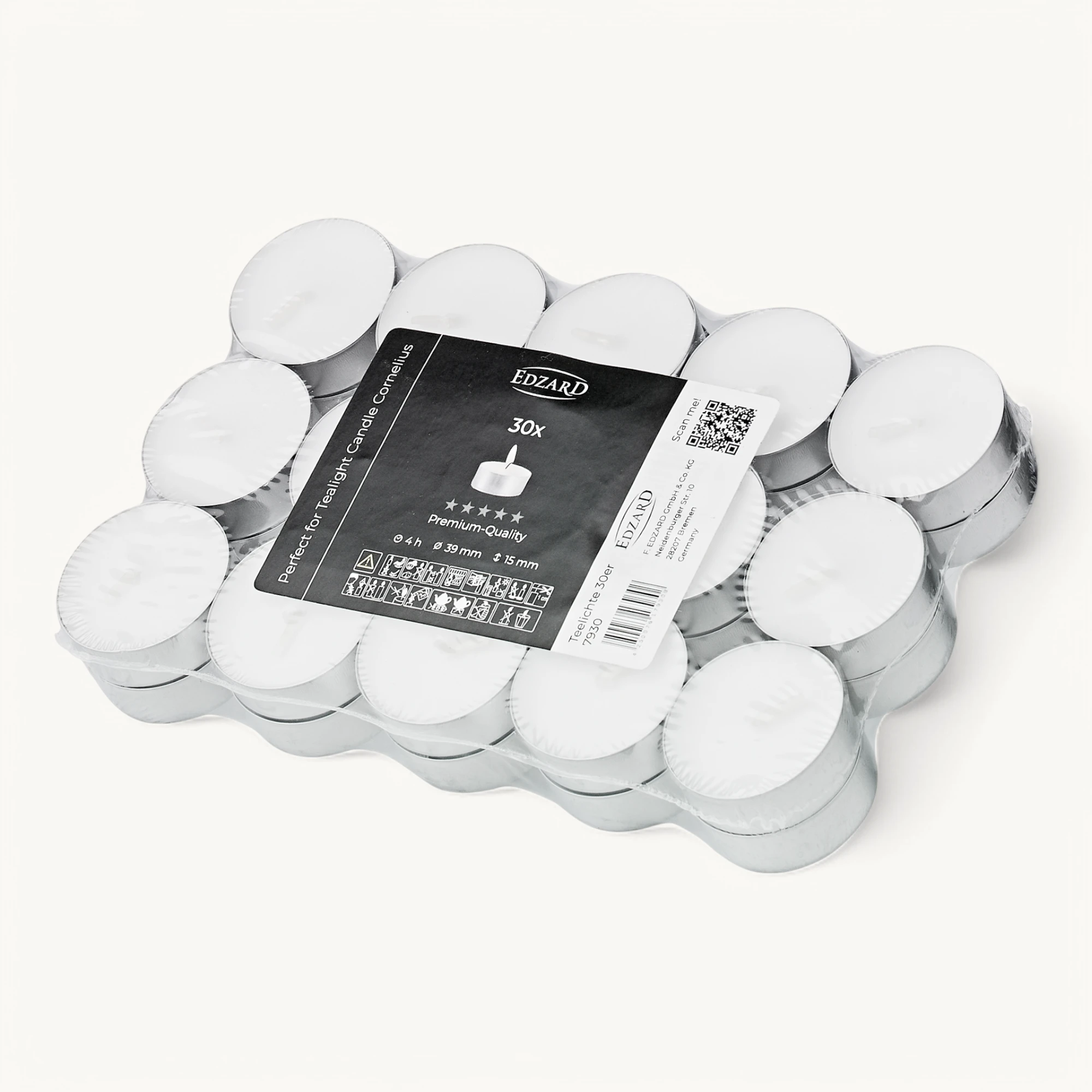30 Stück Teelichter, weiß, Premium Wachs, Aluminiumhülle, Brenndauer ca. 4h
