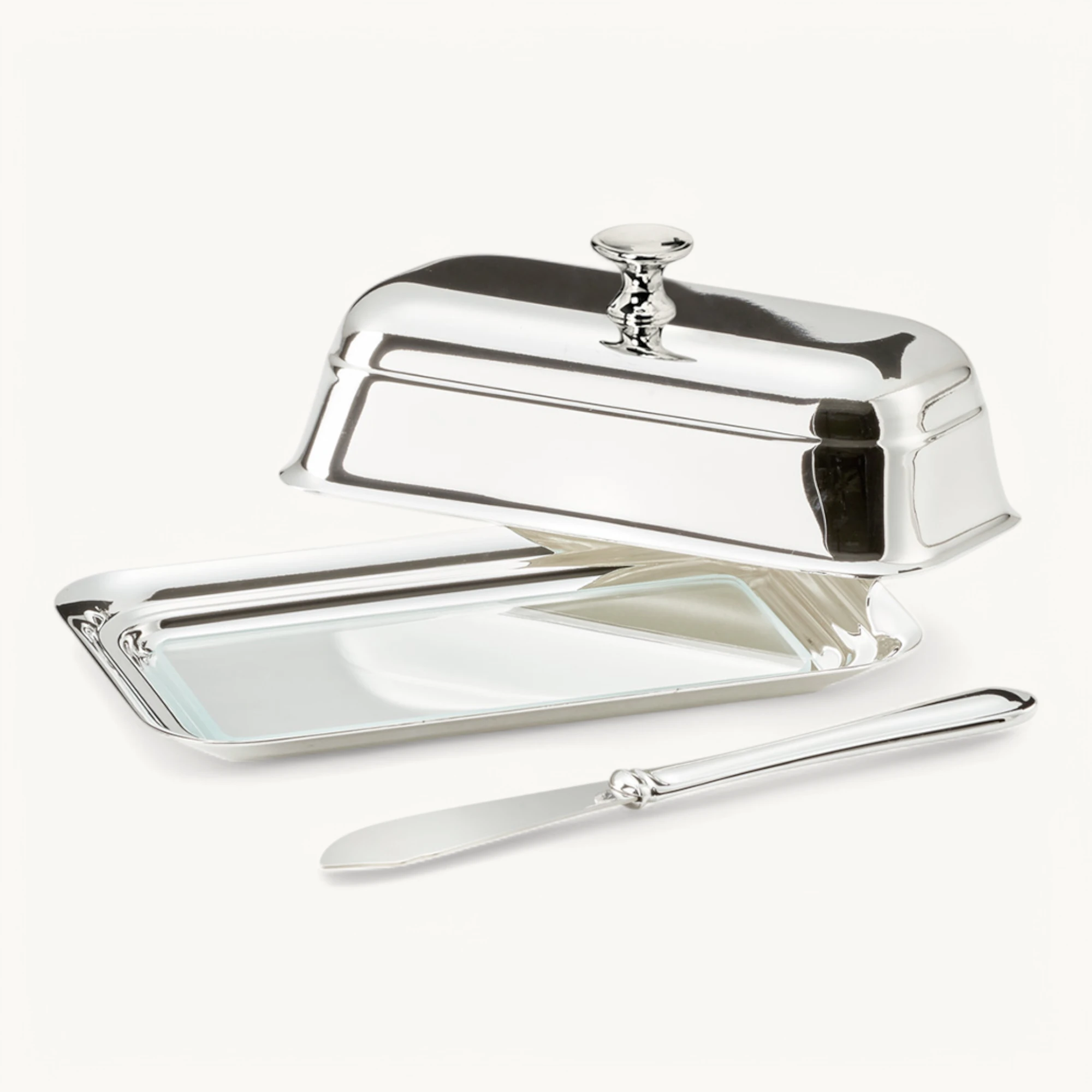 Butterdose Mary (180 g Butter), edel versilbert, mit Glasschale und Buttermesser