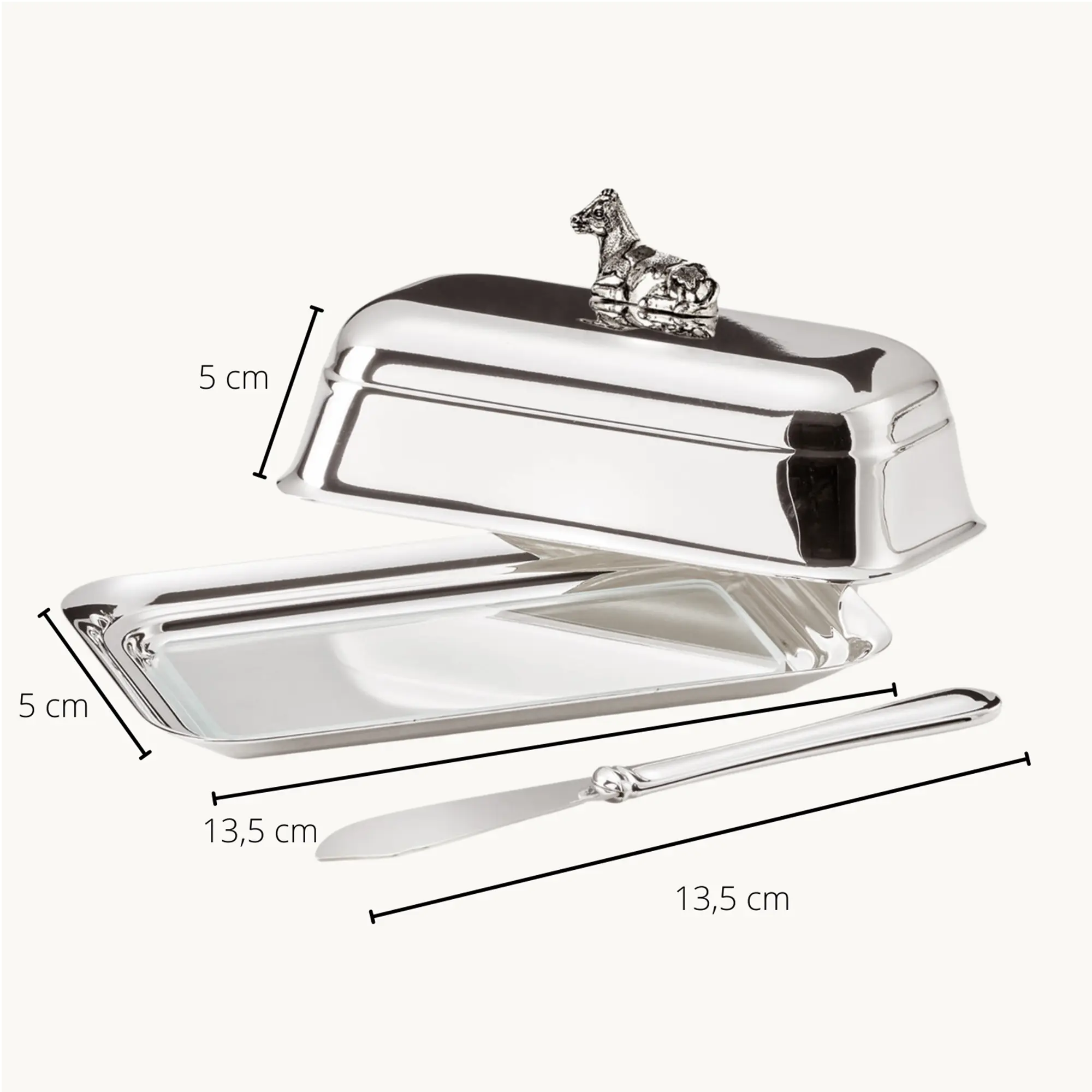 Butterdose Kuh (180 g Butter), Kuh-Figur, edel versilbert, mit Glasschale & Buttermesser