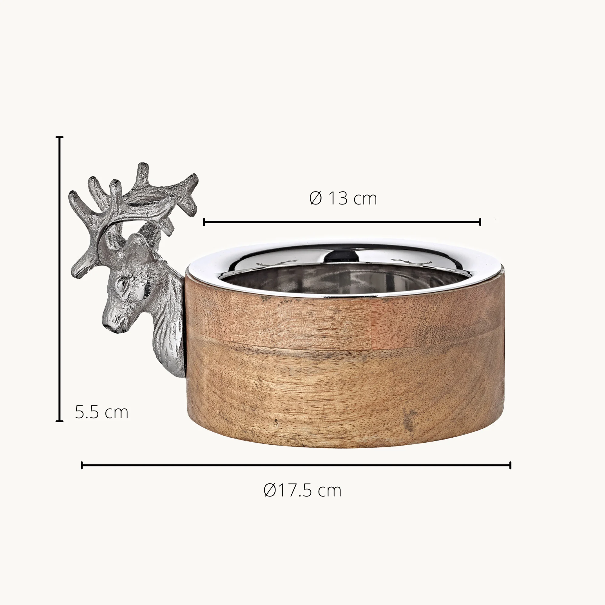 Schale, Flaschenuntersetzer Hirsch (Ø13 cm), Mangoholz, Aluminium vernickelt Schale, Flaschenuntersetzer Hirsch (Ø13 cm), Mangoholz, Aluminium vernickelt